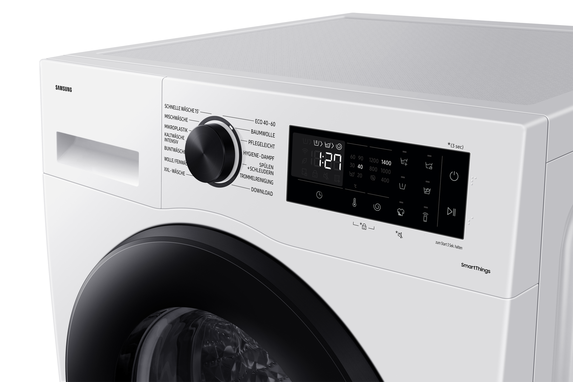Moderne weiße Samsung Waschmaschine mit schwarzem Drehknopf und digitalem Display.