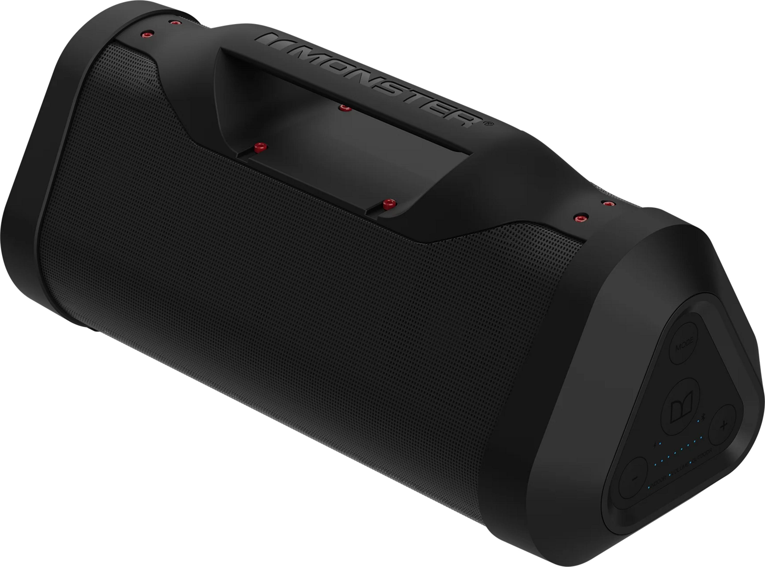 Altavoz Monster negro con asa y detalles rojos.