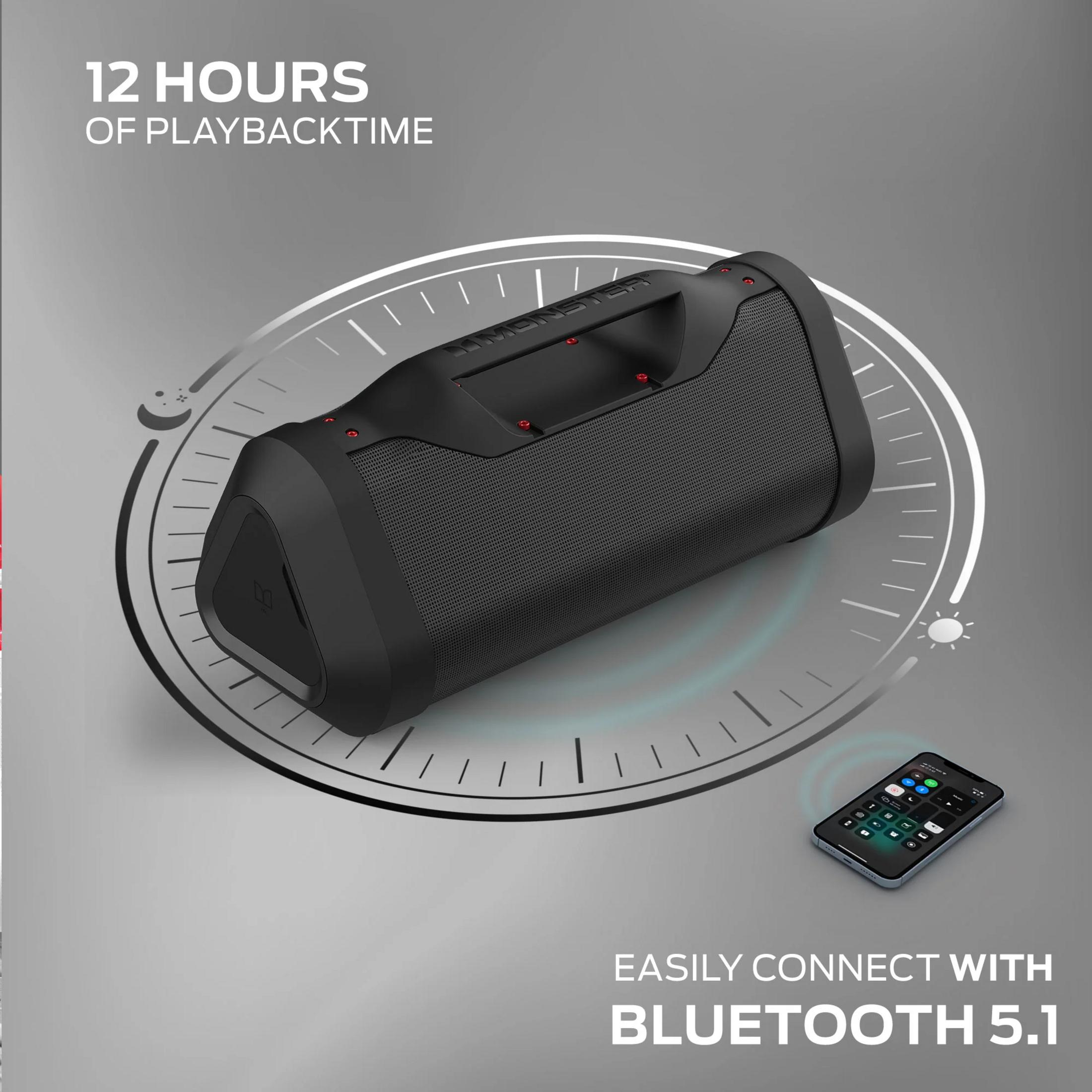Altavoz Bluetooth negro con 12 horas de reproducción y control remoto.