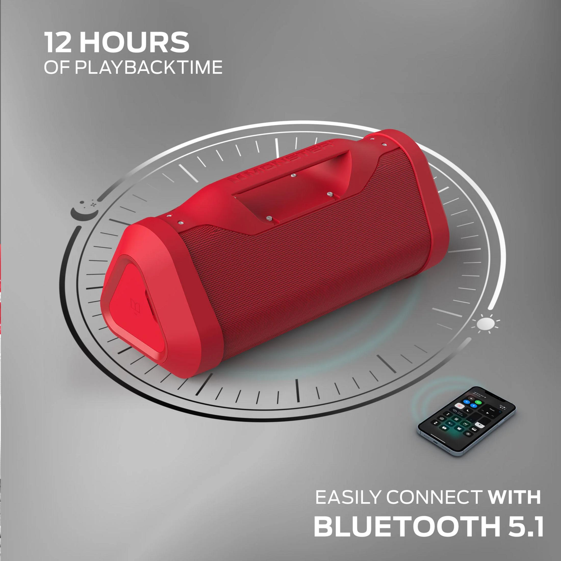 Un altavoz Bluetooth rojo con 12h de reproducción y un smartphone.