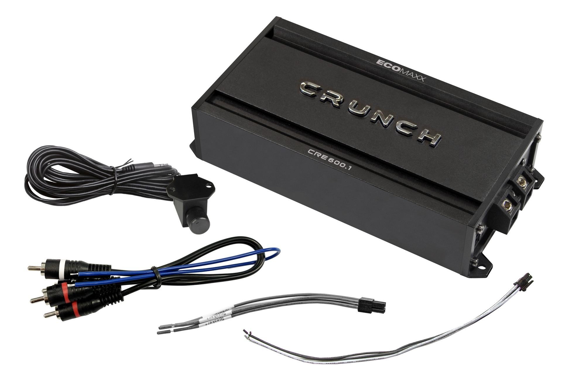 Schwarzer Crunch CRE 600.1 Verstärker mit Kabeln: Cinch, Remote und Strom.
