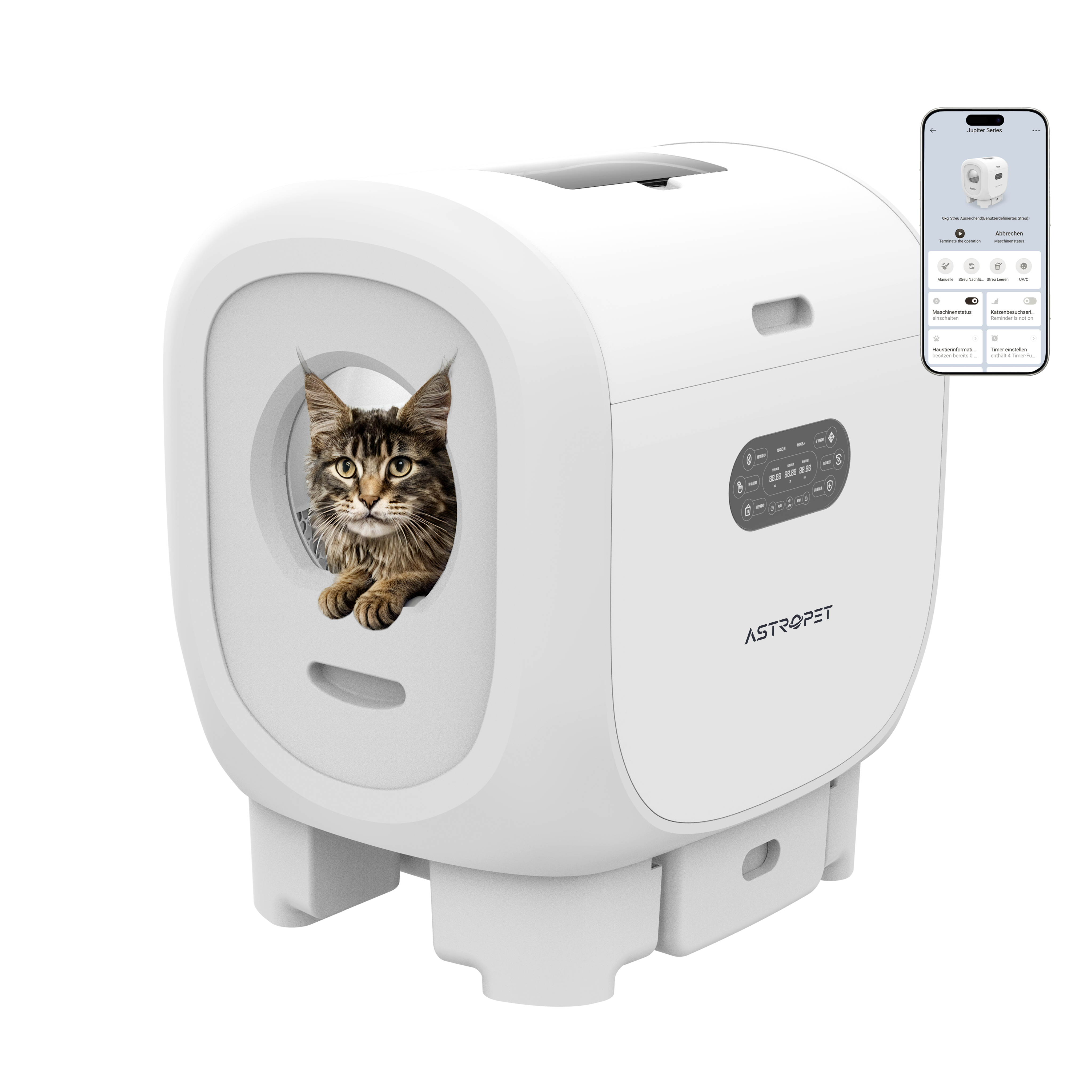 Eine Katze schaut aus einem weißen, selbstreinigenden Katzenklo. Eine App wird angezeigt.