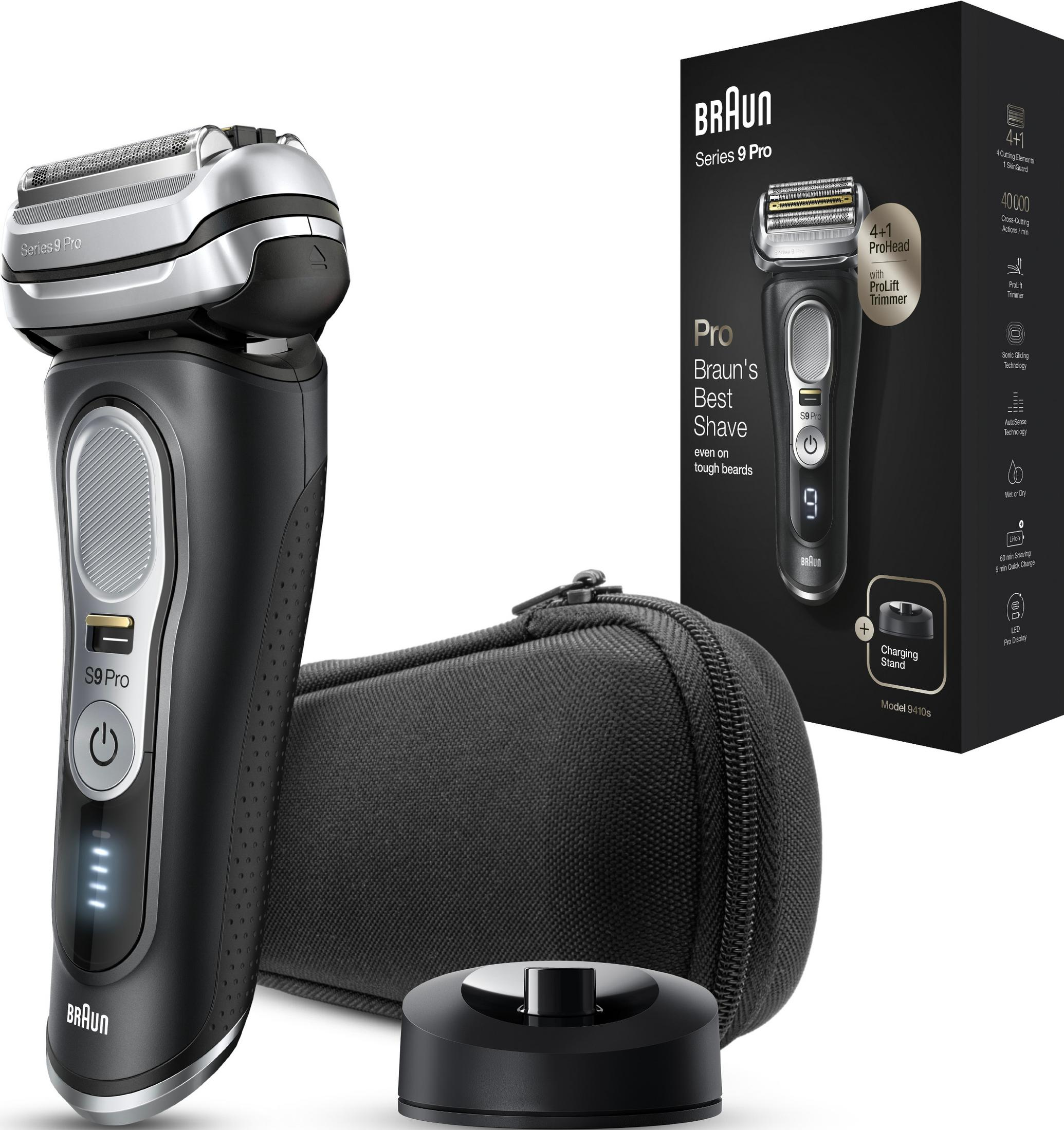 Rasoio Braun Series 9 Pro nero con accessori di ricarica e custodia da viaggio.