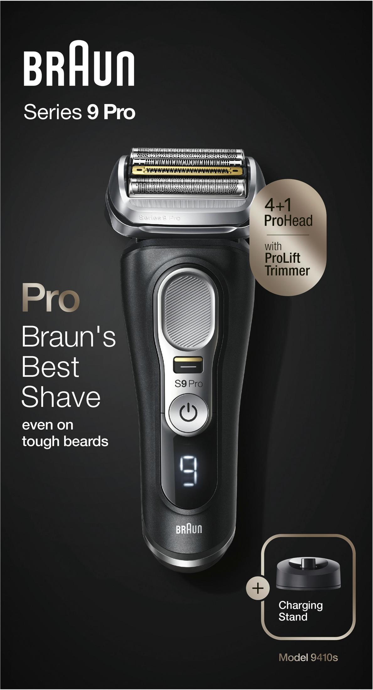 Rasoio Braun Series 9 Pro con rifinitore ProLift e base di ricarica, modello 9410s.