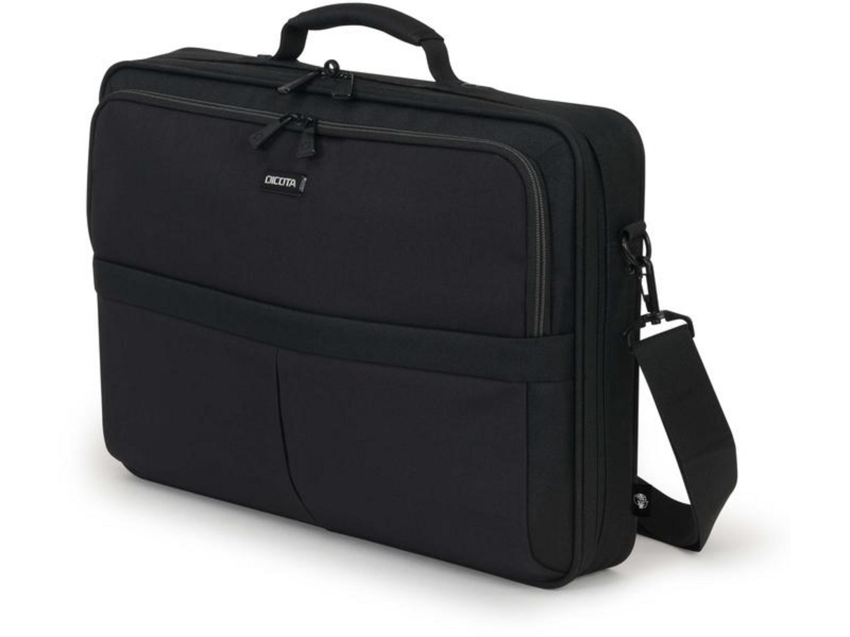 Borsa nera per laptop con manico e tracolla, su sfondo bianco.