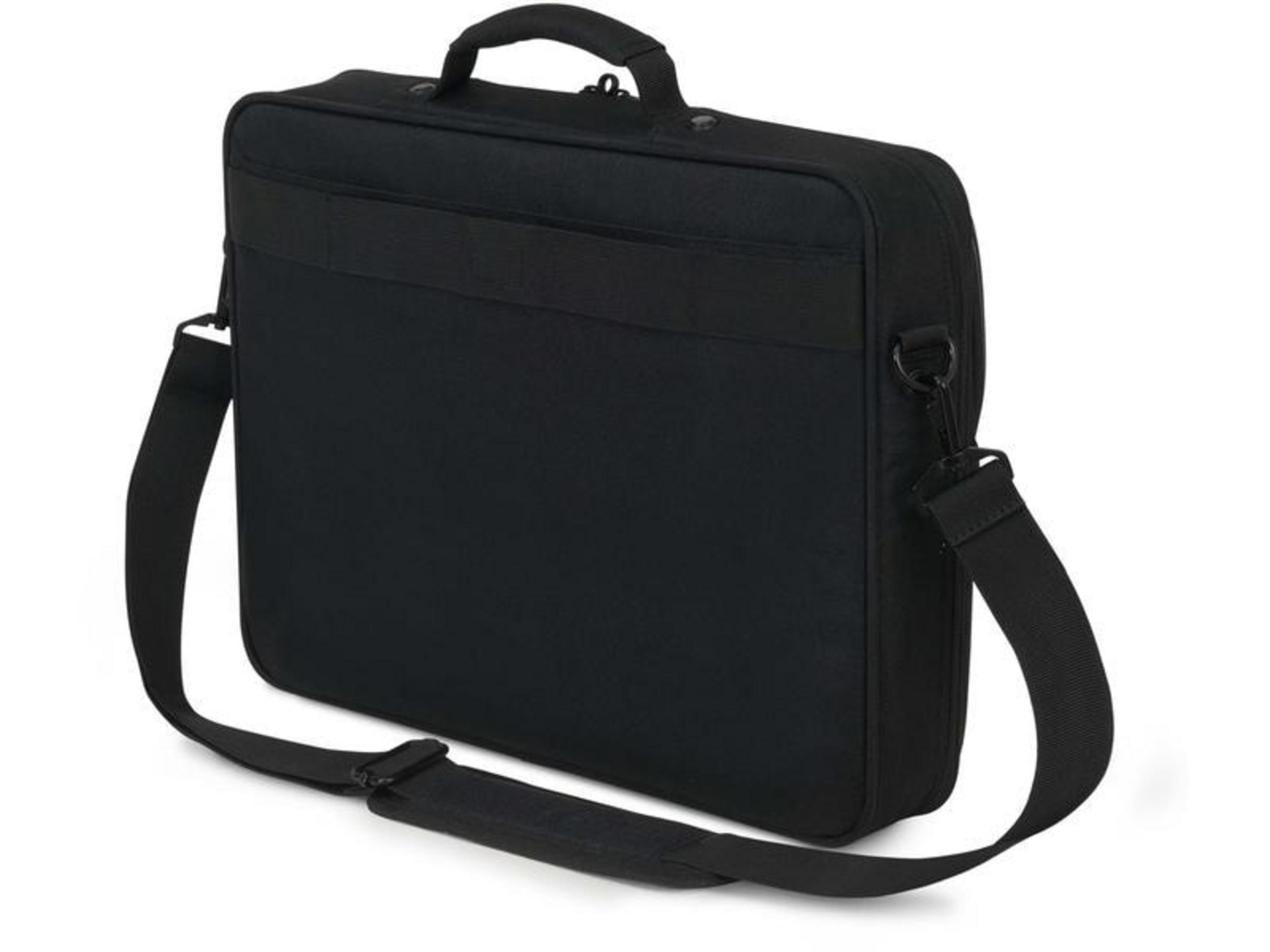 Borsa nera per laptop con manico e tracolla su sfondo bianco.