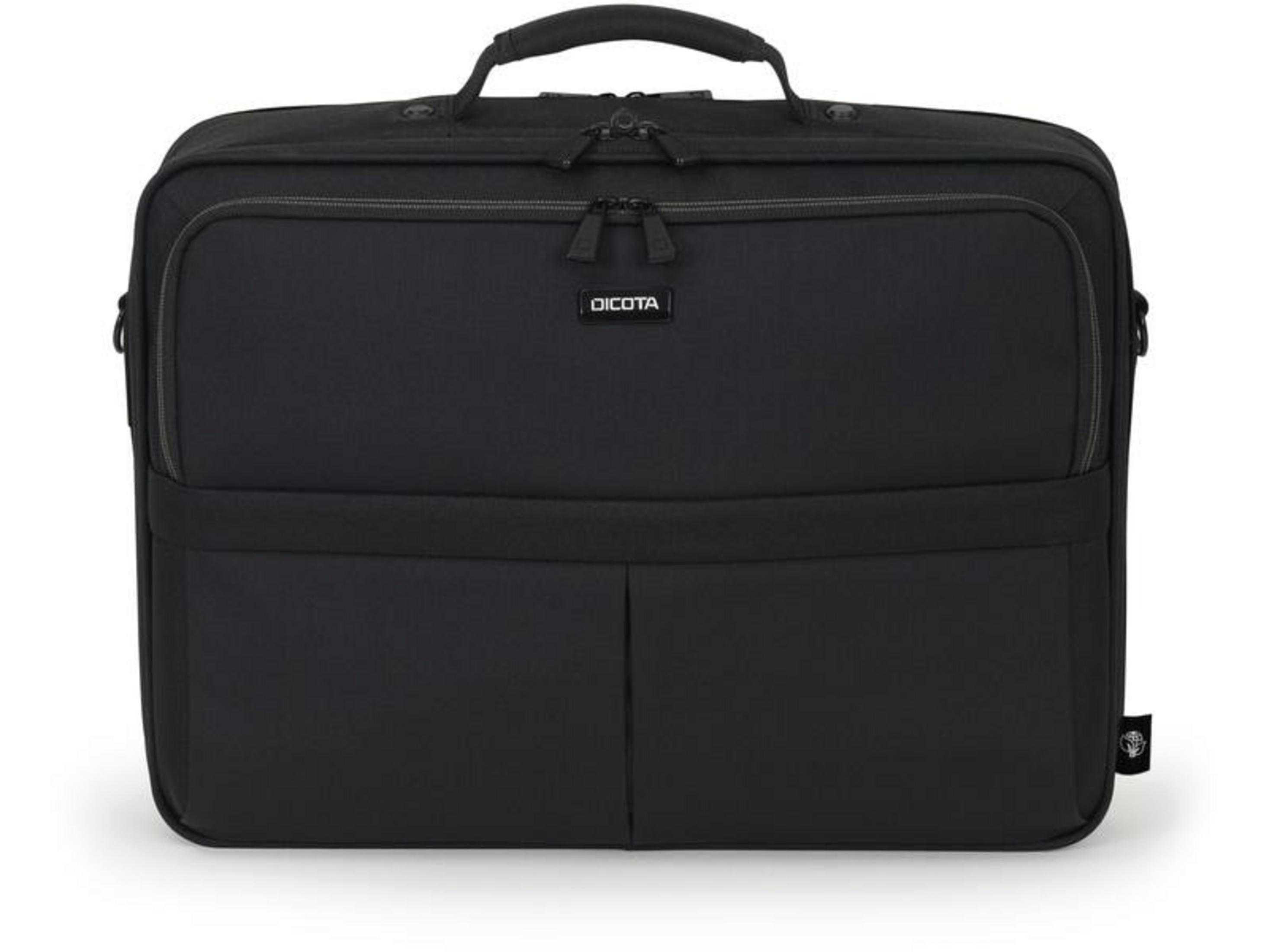 Una borsa nera per laptop Dicota con manico e due tasche frontali su sfondo bianco.