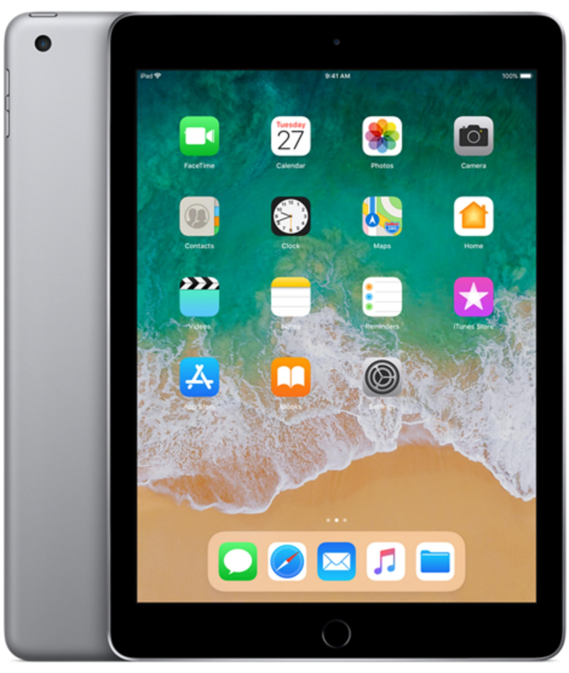 Un iPad argentato con schermo nero che mostra app come FaceTime, Calendario e Fotocamera.