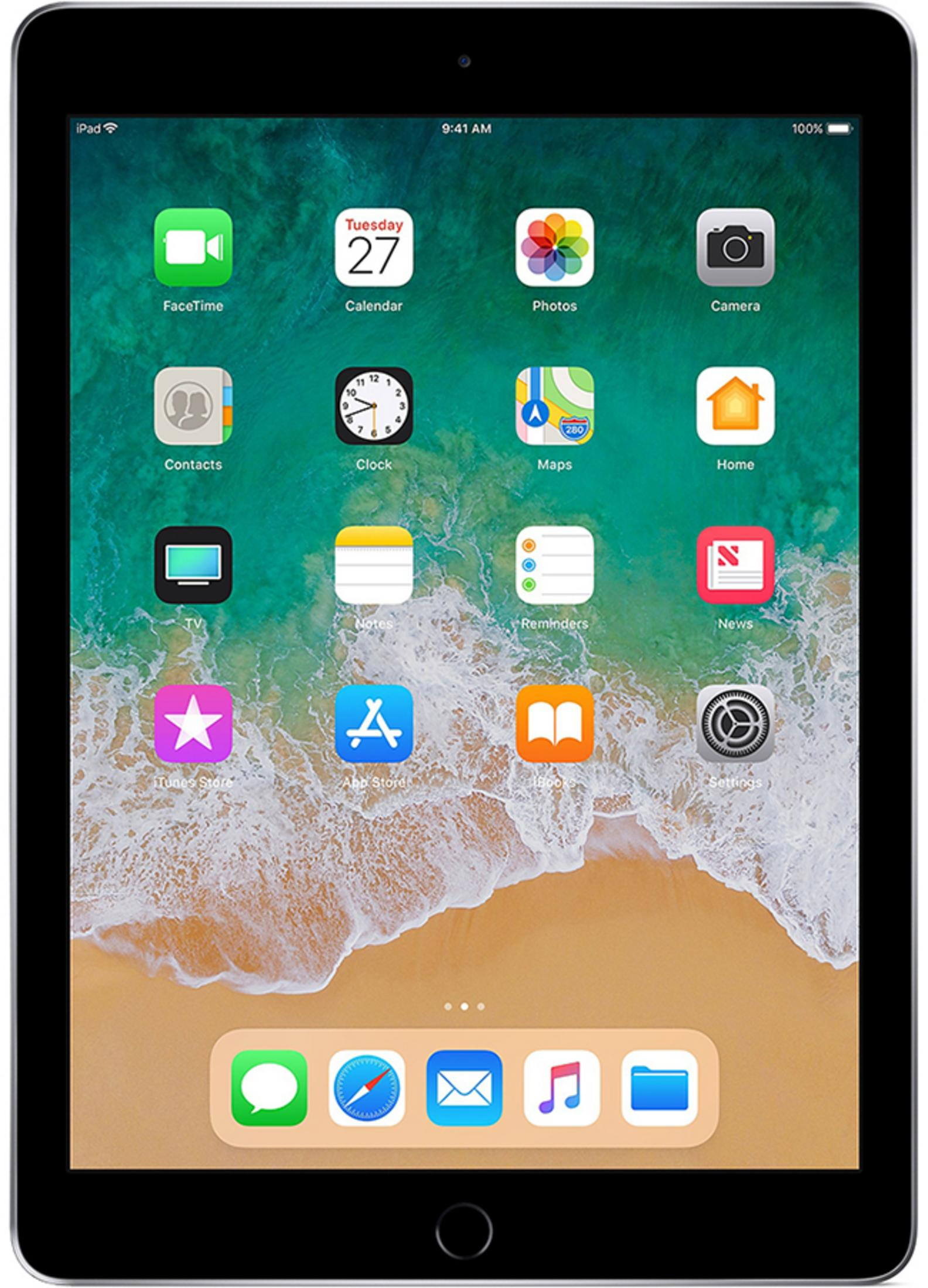 Una schermata Home di iPad con icone di app e uno sfondo costiero.