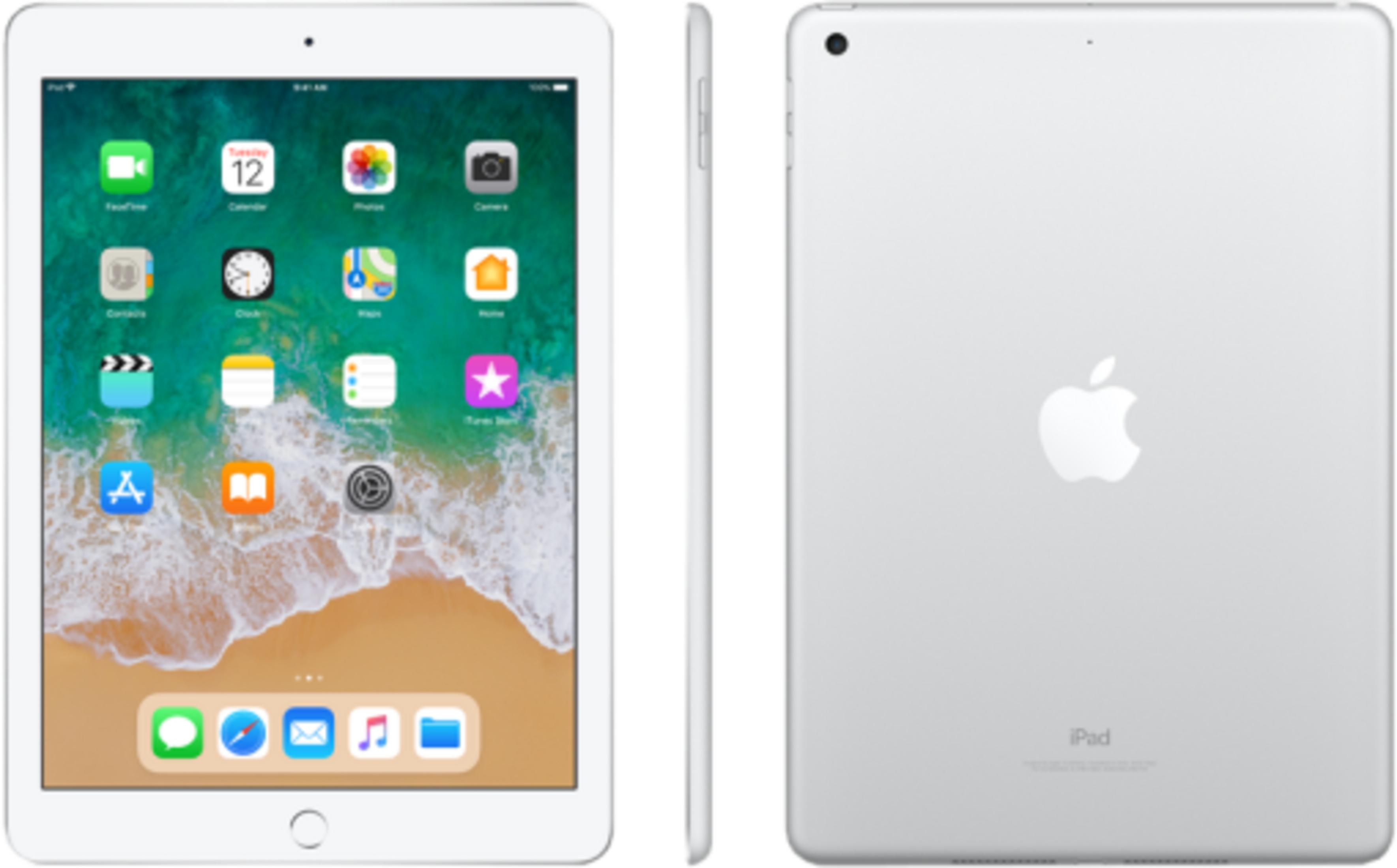 Un iPad plateado mostrando su pantalla de inicio y su parte trasera.