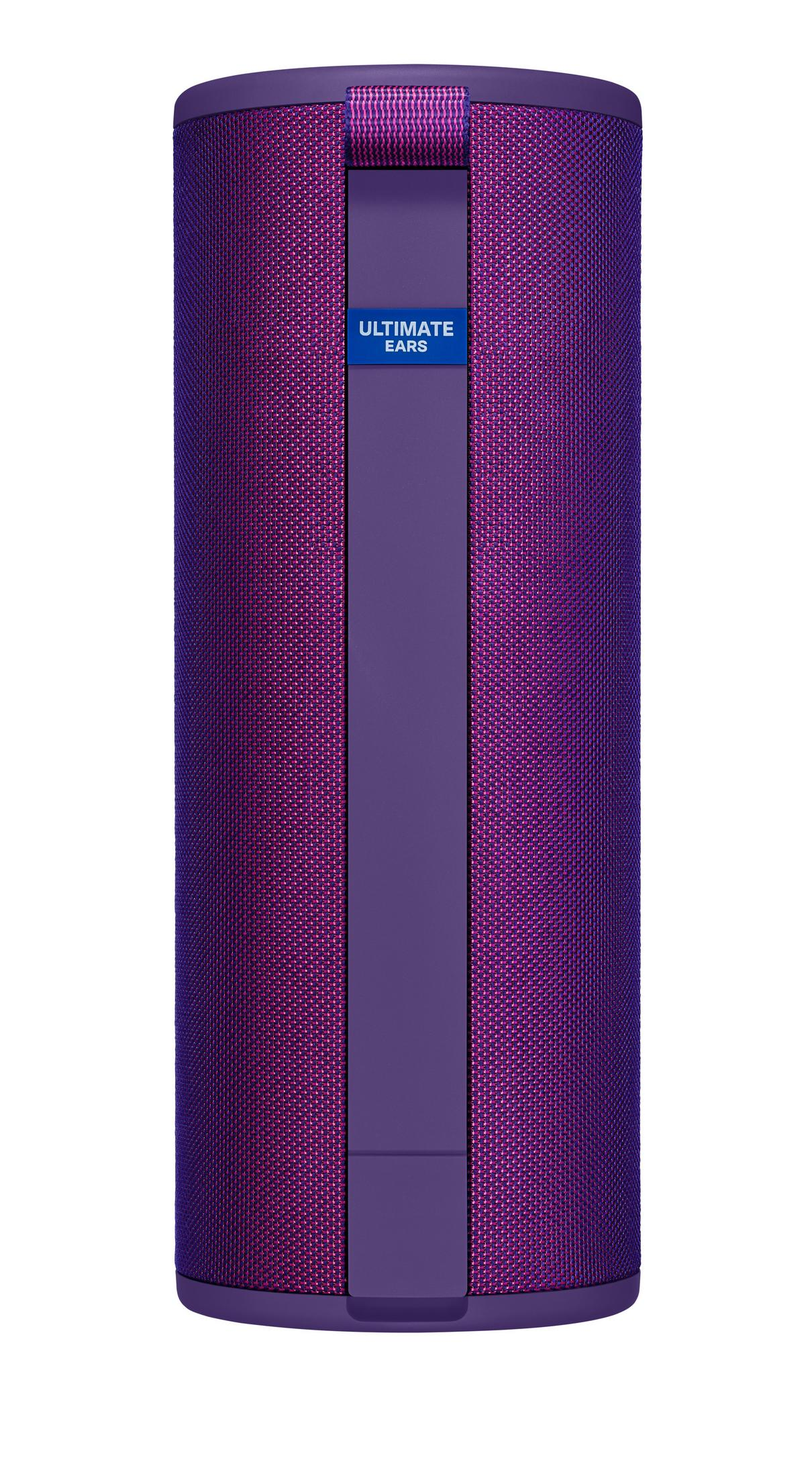 Altavoz Ultimate Ears morado con textura de tela y banda vertical.