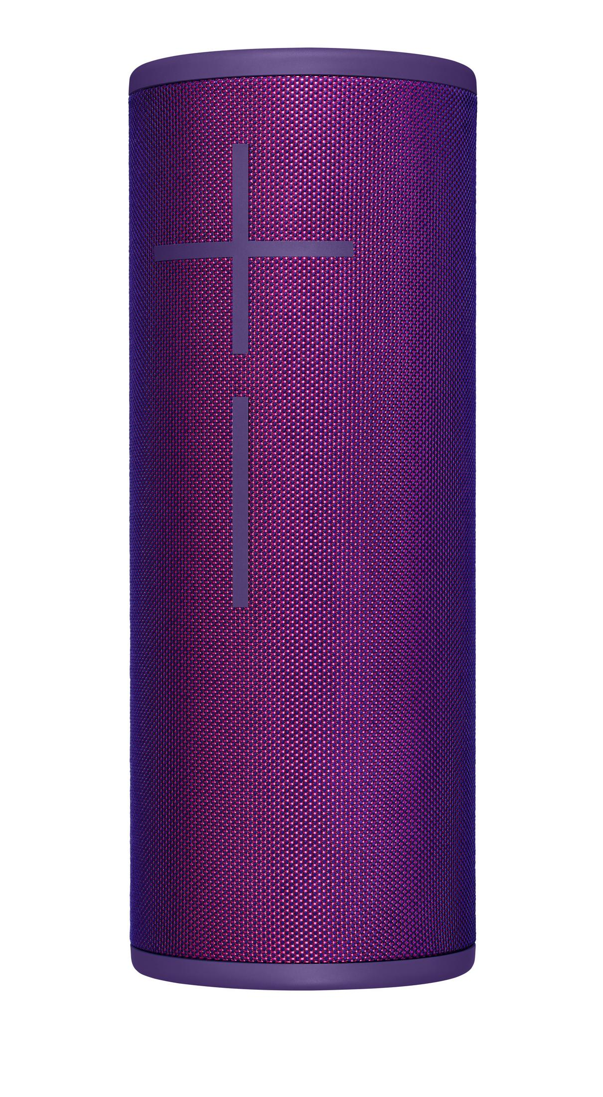 Altavoz Bluetooth morado con símbolos de más y menos.