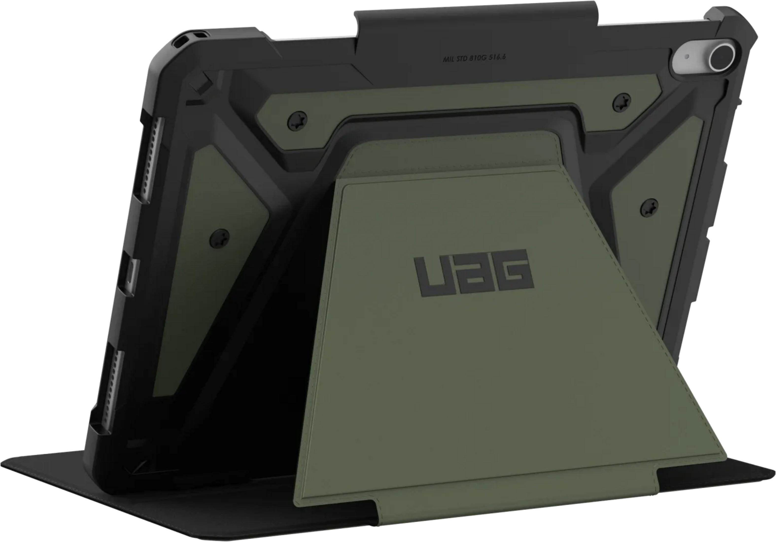 Schwarzes Tablet in einem robusten, olivgrünen UAG-Gehäuse mit integriertem Ständer.