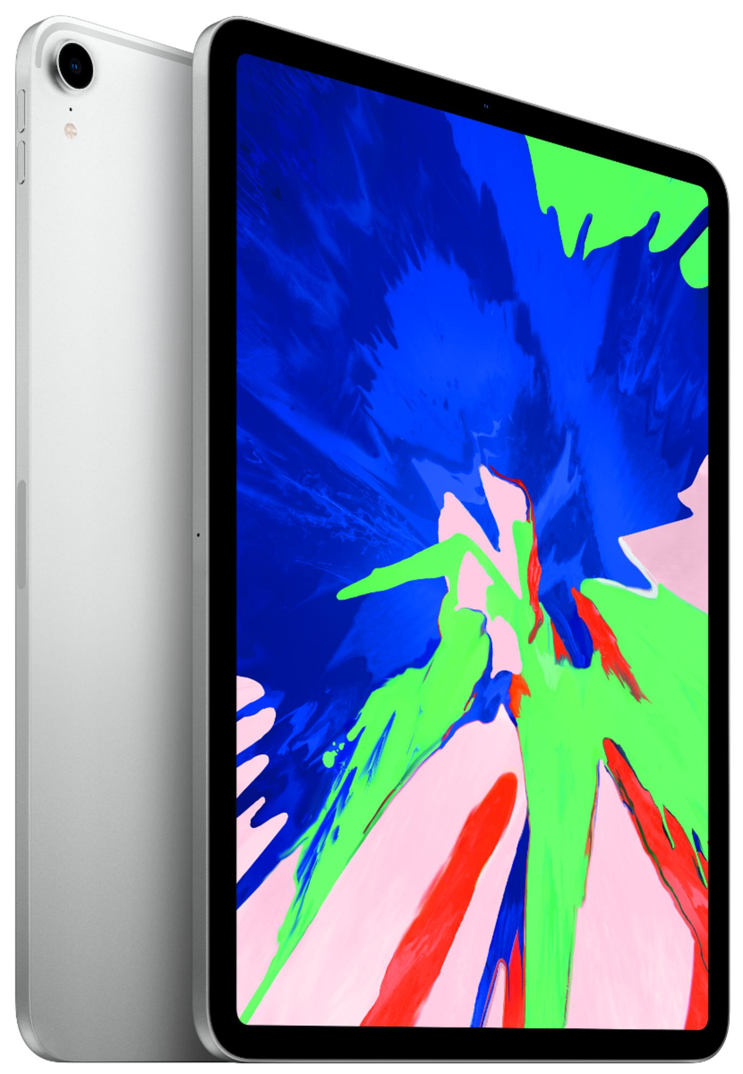 Un tablet argentato mostra uno sfondo astratto colorato.