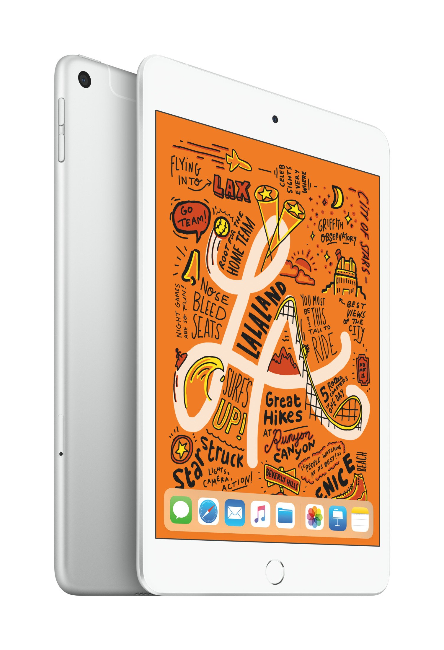 Un iPad Mini blanco muestra un mapa colorido dibujado a mano de atracciones de Los Ángeles.