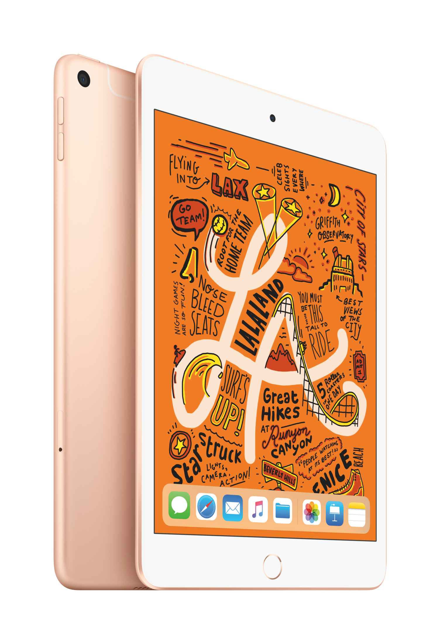 Una tableta rosa dorado muestra dibujos animados de Los Ángeles en su pantalla.