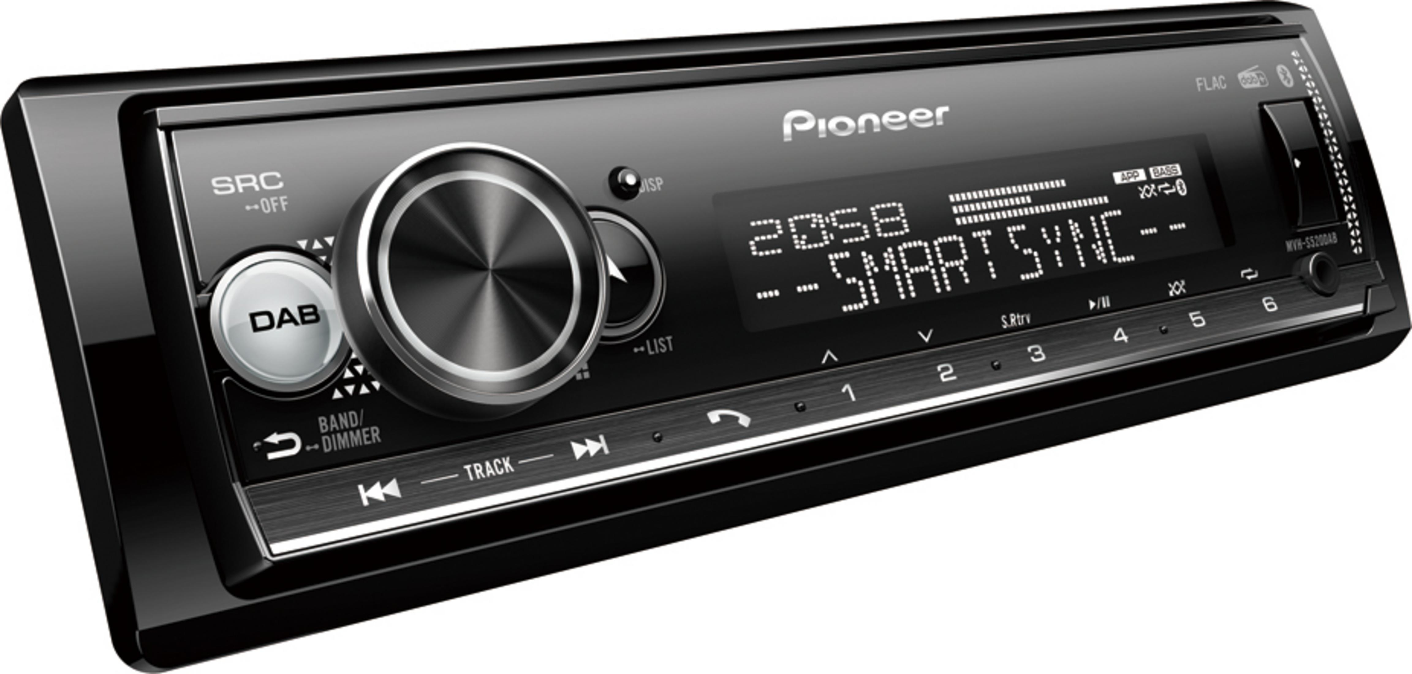 Ein schwarzer Pioneer Autoradio mit silbernem Drehregler und digitalem Display.