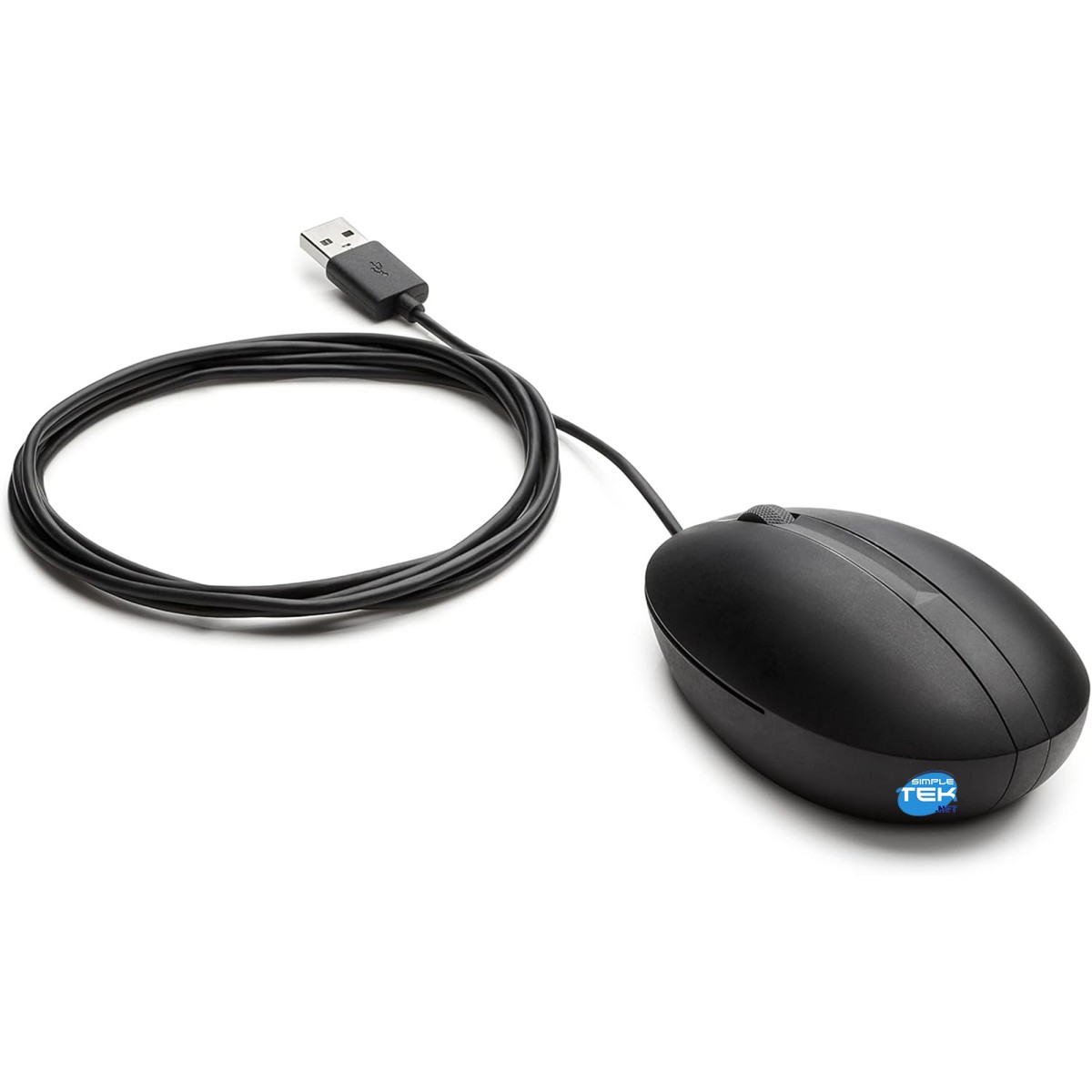 Un ratón de ordenador negro con cable, conector USB y cable enrollado.