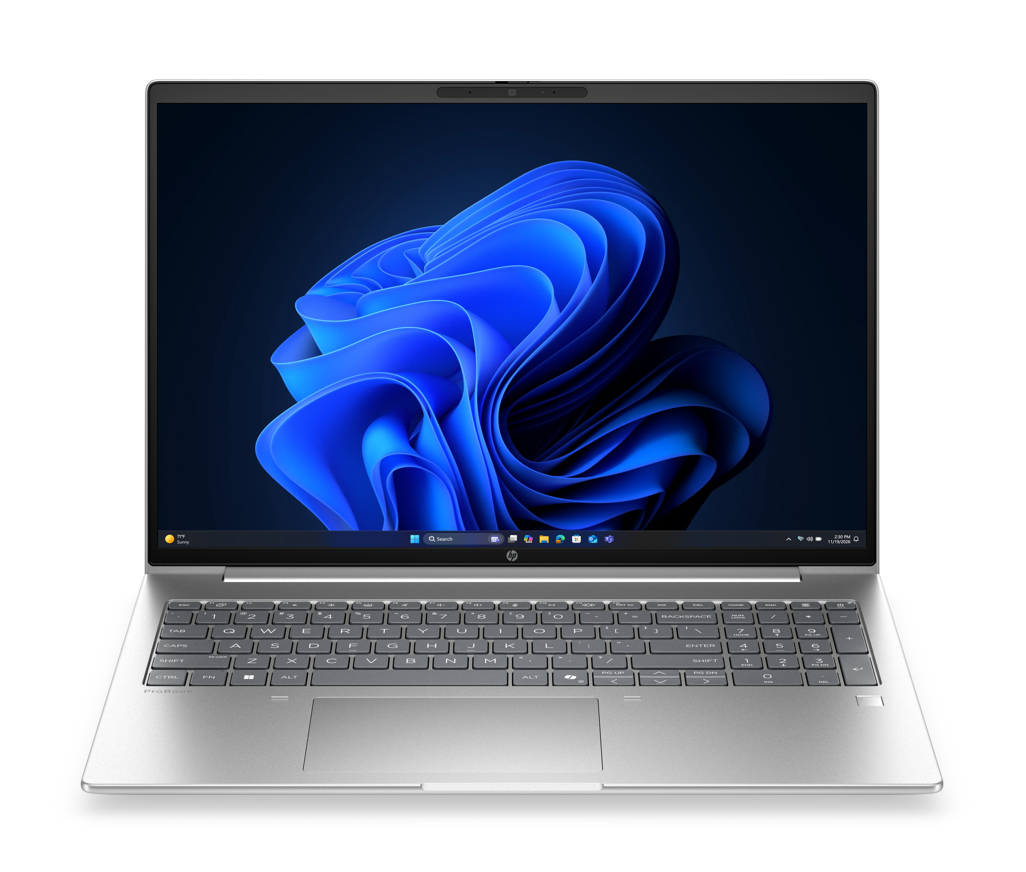 Un laptop HP ProBook argentato con uno sfondo blu astratto.