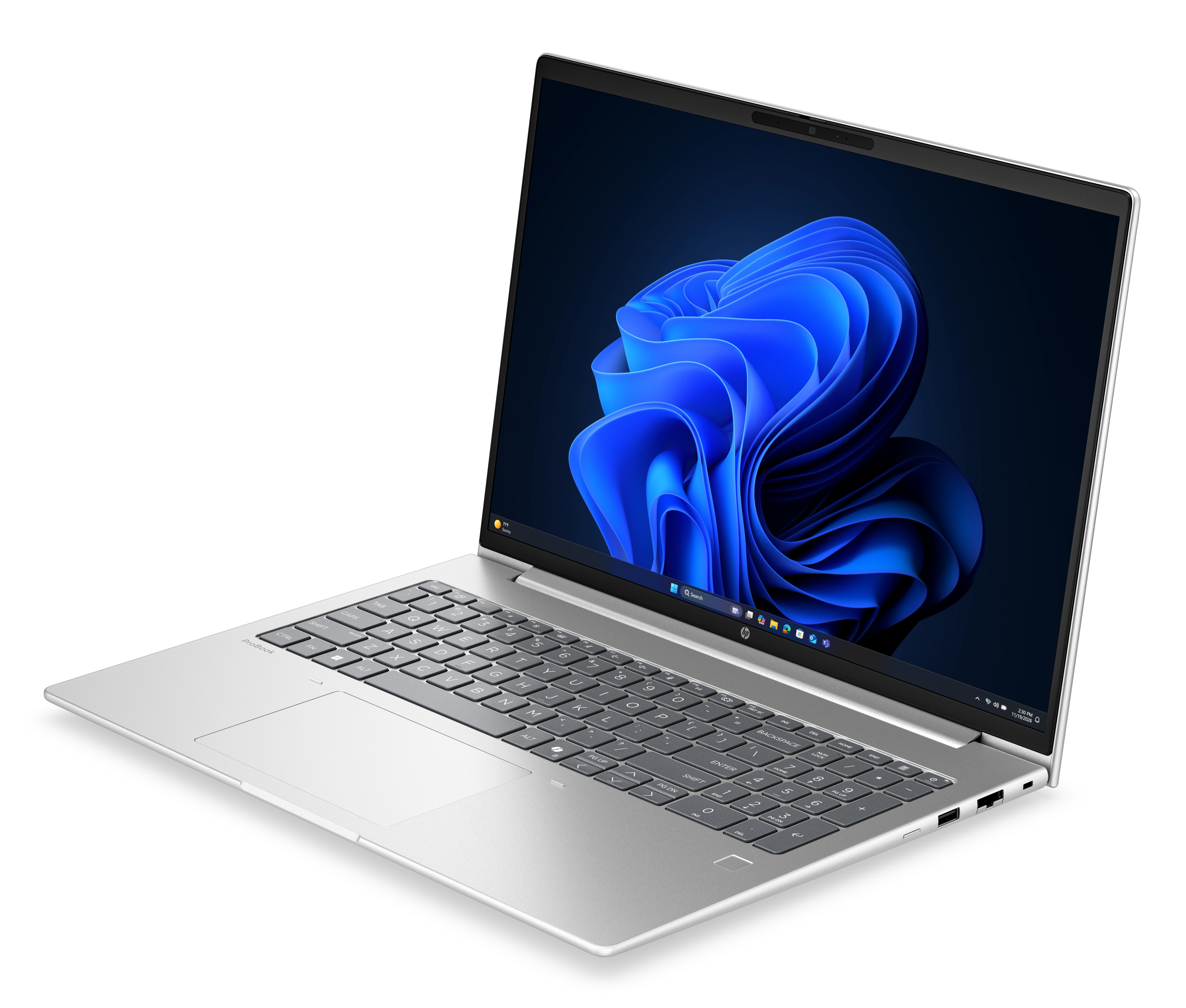 Un laptop argentato con uno sfondo astratto blu sul suo schermo.