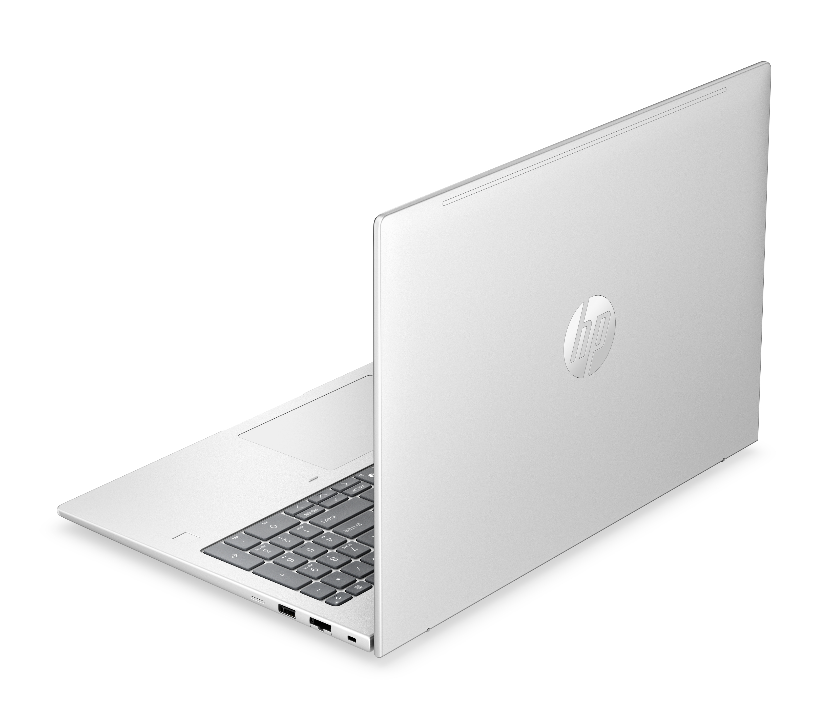 Un laptop HP argentato con tastiera e logo HP sul coperchio.