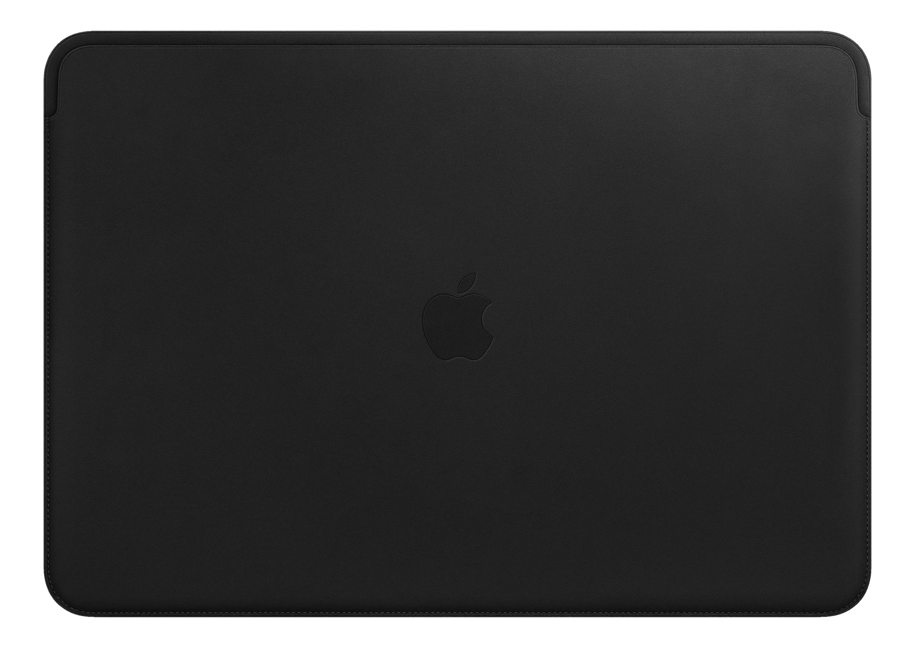 Schwarze Laptop-Hülle aus Leder mit eingeprägtem Apple-Logo in der Mitte.