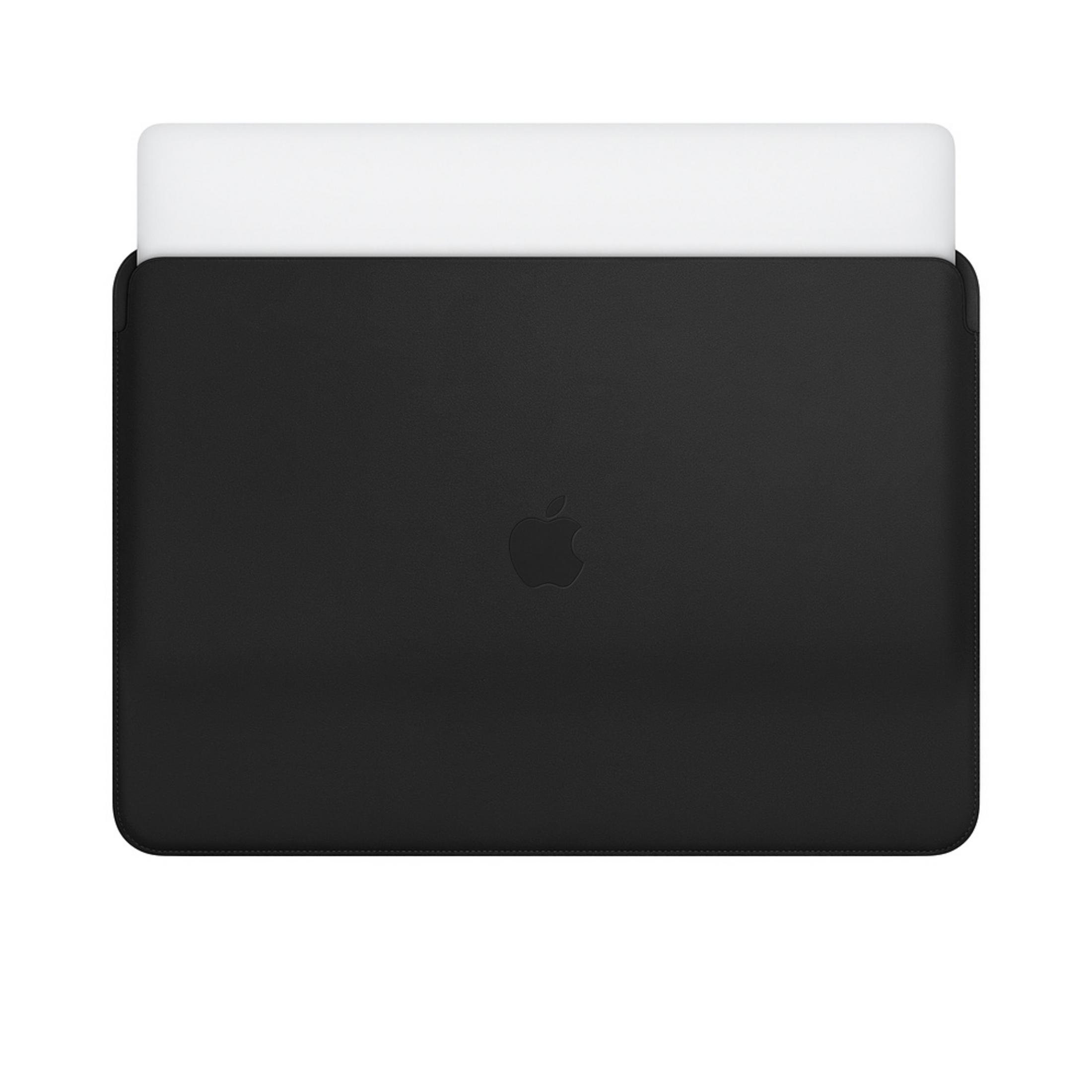 Schwarze Laptoptasche mit Apple-Logo, weiße Oberseite.