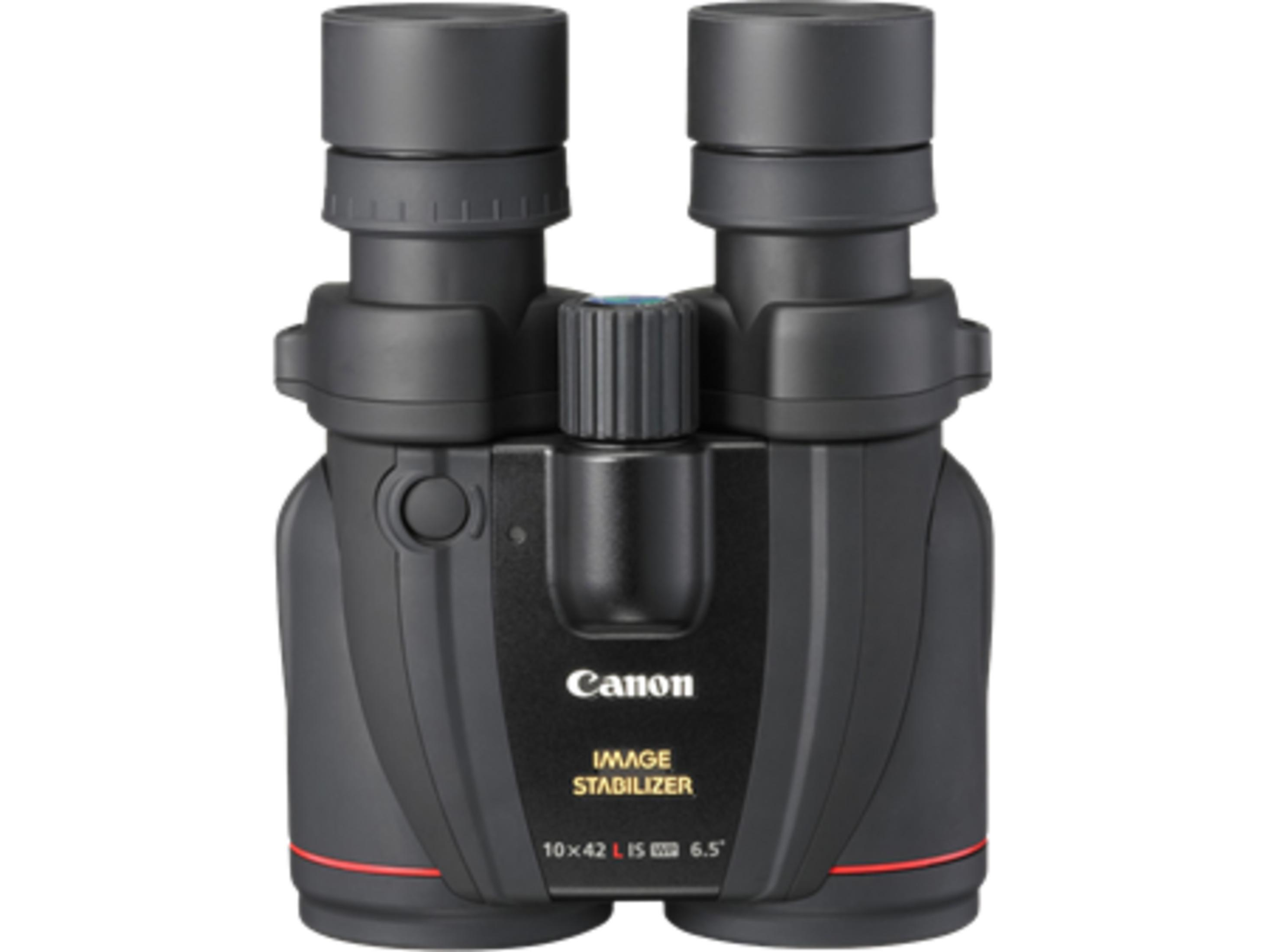 Binocolo Canon nero con stabilizzatore d'immagine e accenti rossi.