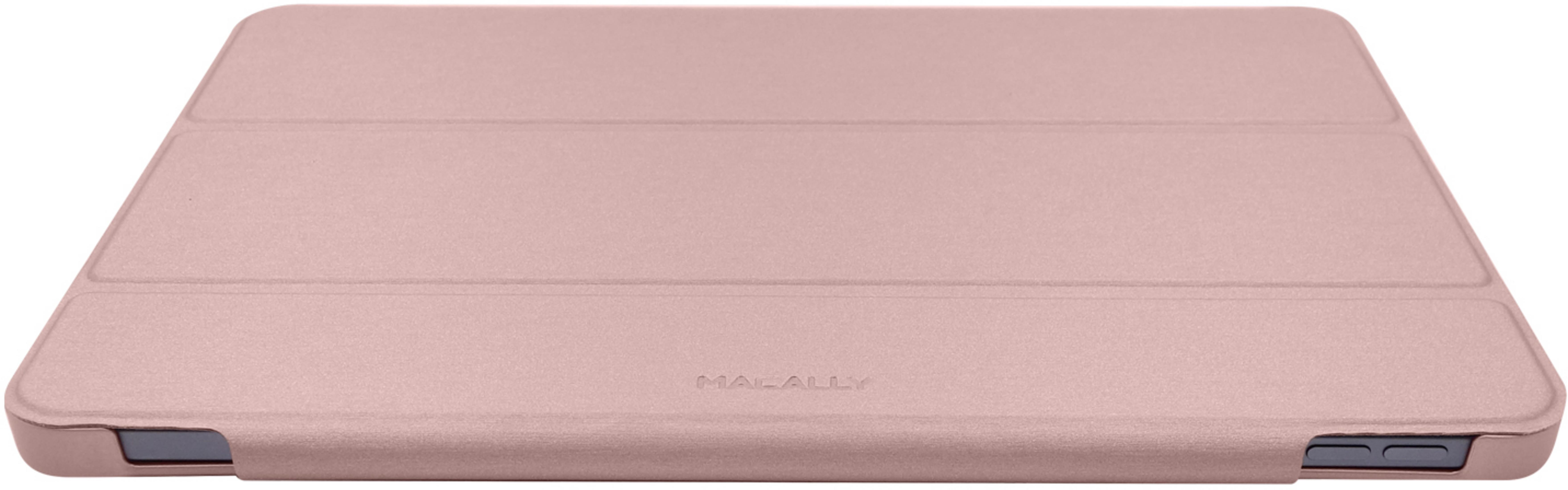 Eine roségoldene Tablet-Hülle mit drei horizontalen Falten und dem Logo.