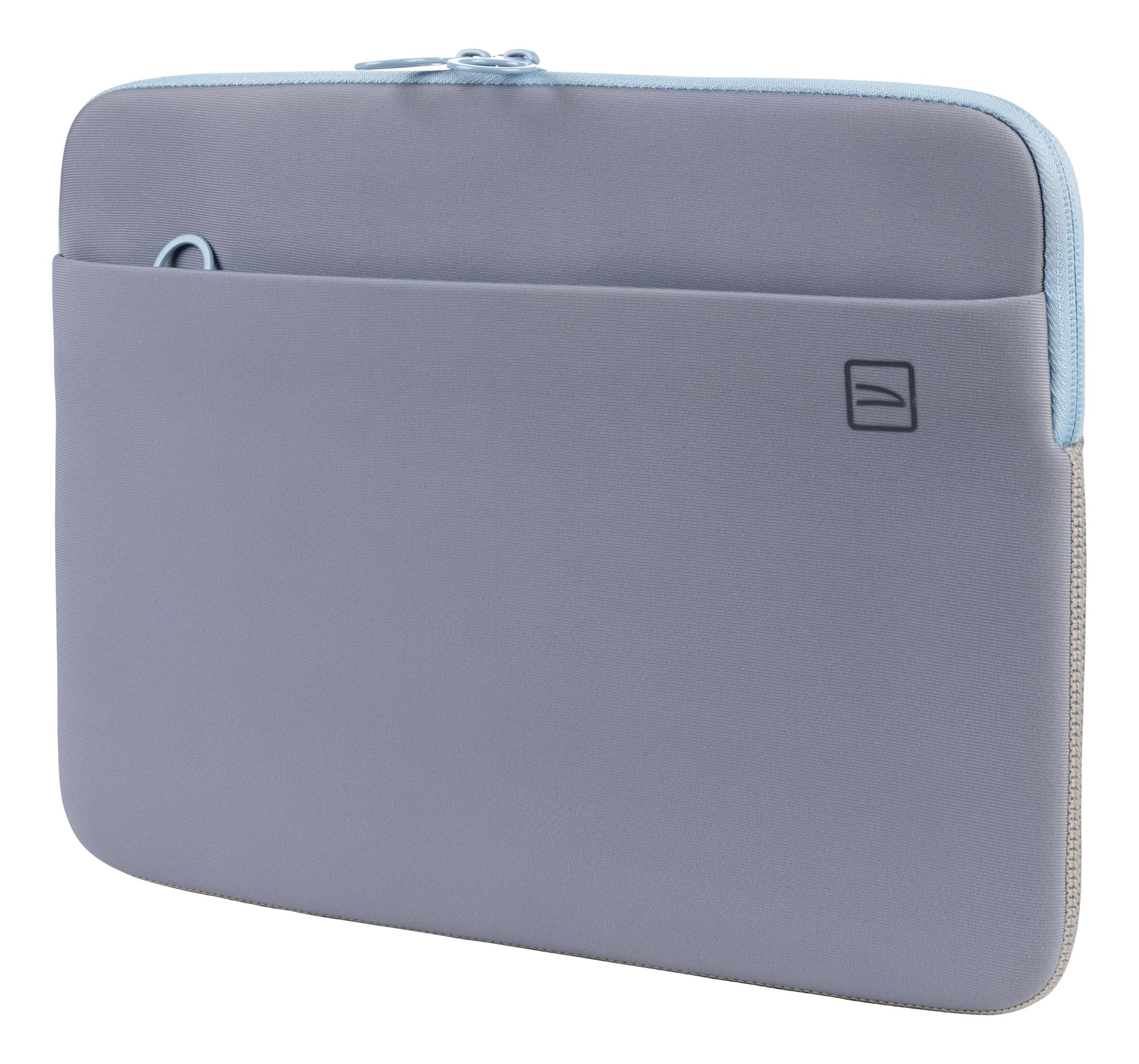 Funda gris para portátil con cremallera azul claro y un pequeño logo.