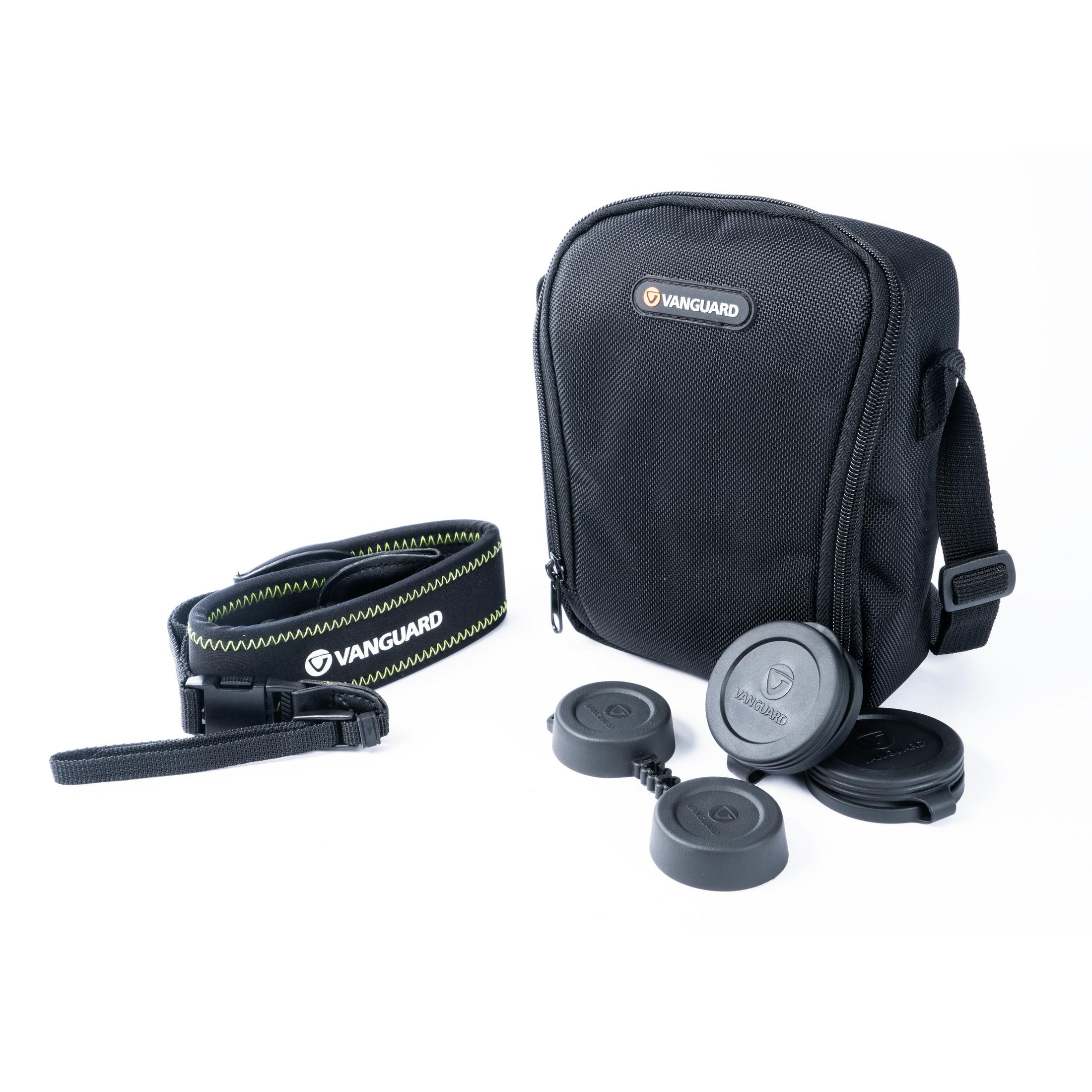 Bolso negro para cámara con correa y tres tapas de lente.