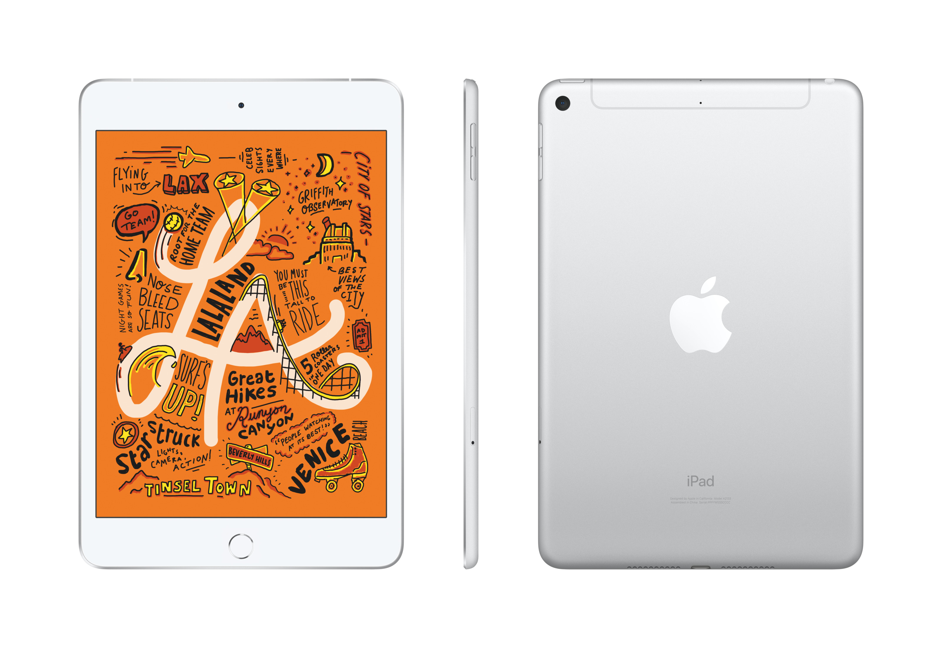 Un iPad Mini plateado con ilustraciones coloridas de LA en su pantalla.