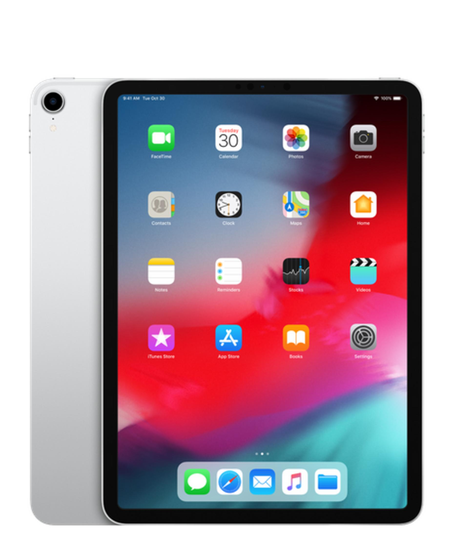 Un iPad argentato con sfondo colorato e icone di app.