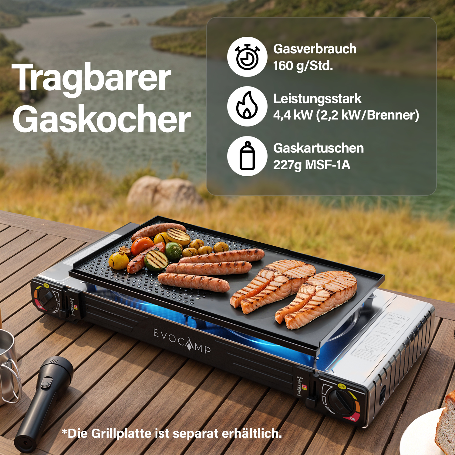 Tragbarer Gaskocher mit Lachs und Wurst auf Grillplatte, draußen.