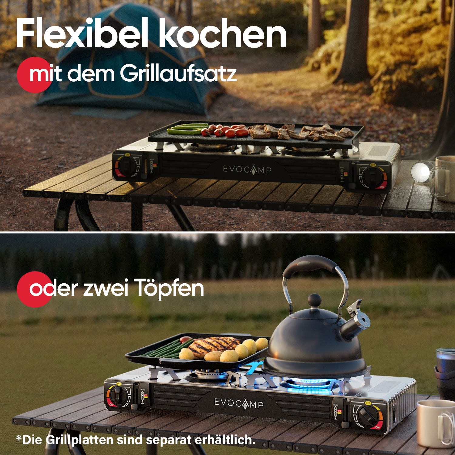 Campingkocher mit Grillaufsatz und Kochtopf mit Kanne auf Holztisch.