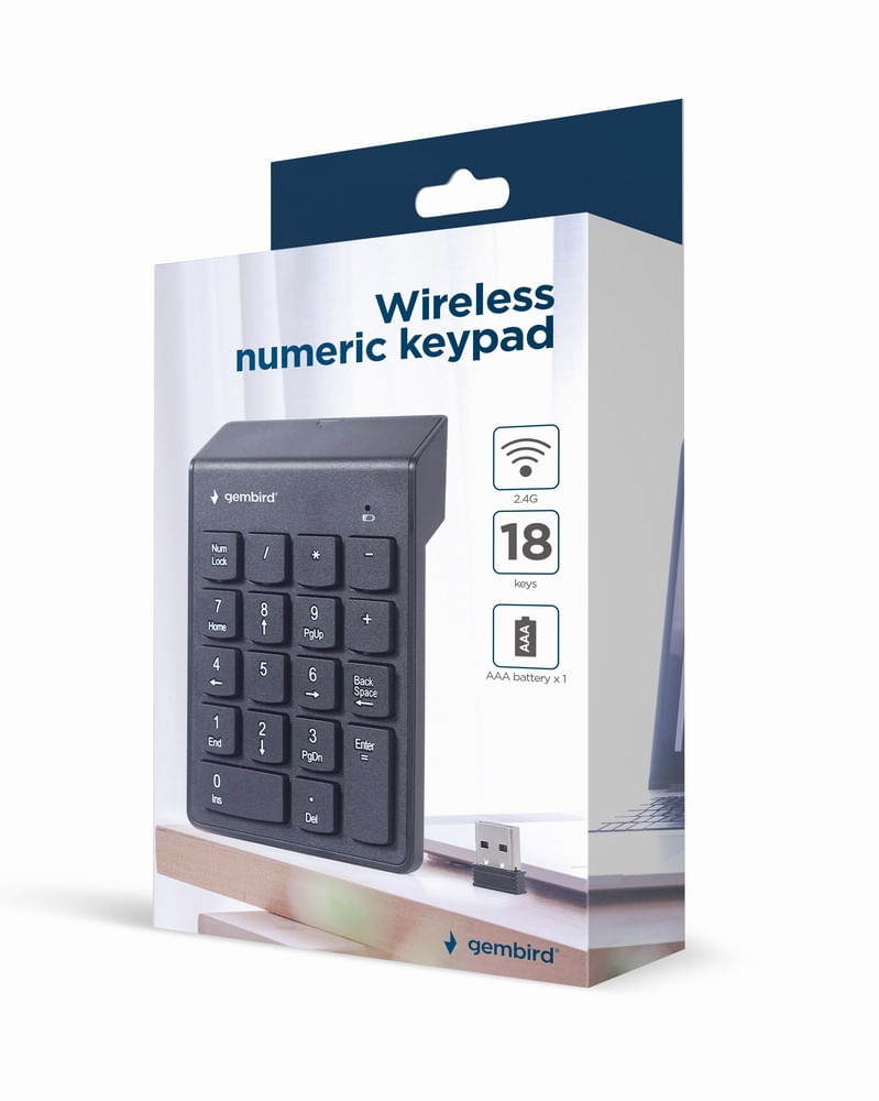 Box of a wireless numeric keypad, showing the keypad and a USB receiver.