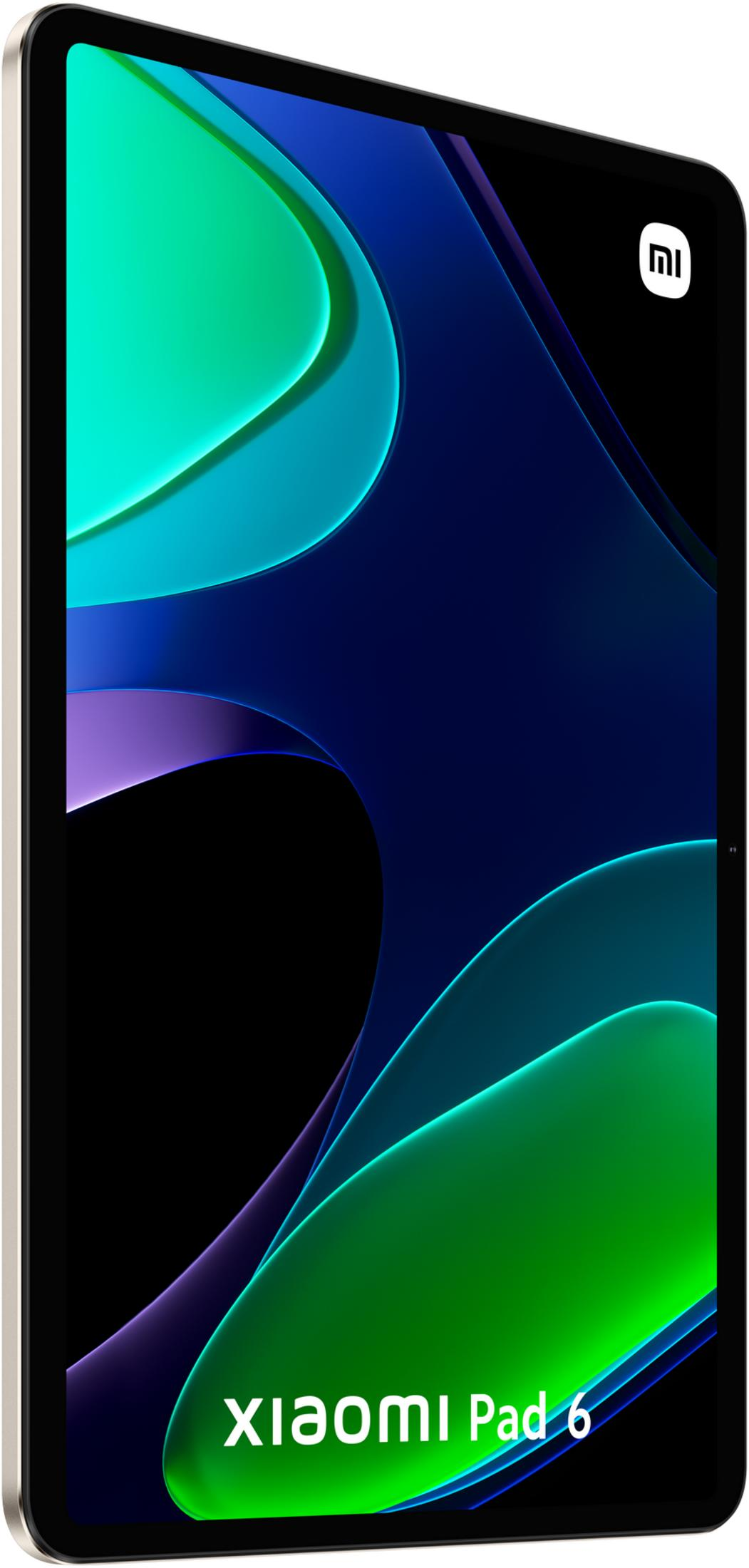 Un tablet con uno sfondo scuro e onde luminose blu, verdi e viola.