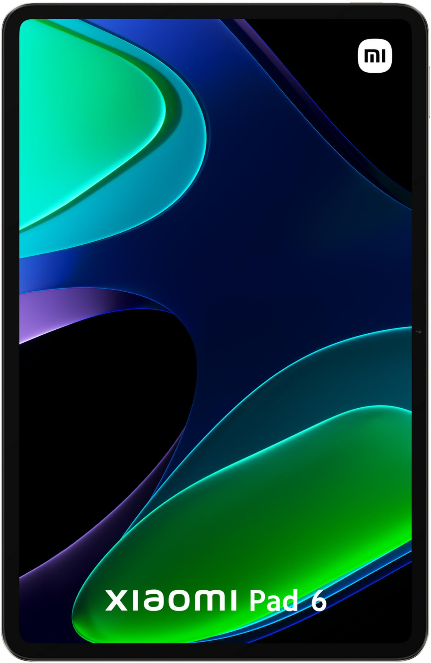 Tablet Xiaomi Pad 6 con curve astratte blu, verdi e viola sullo schermo.