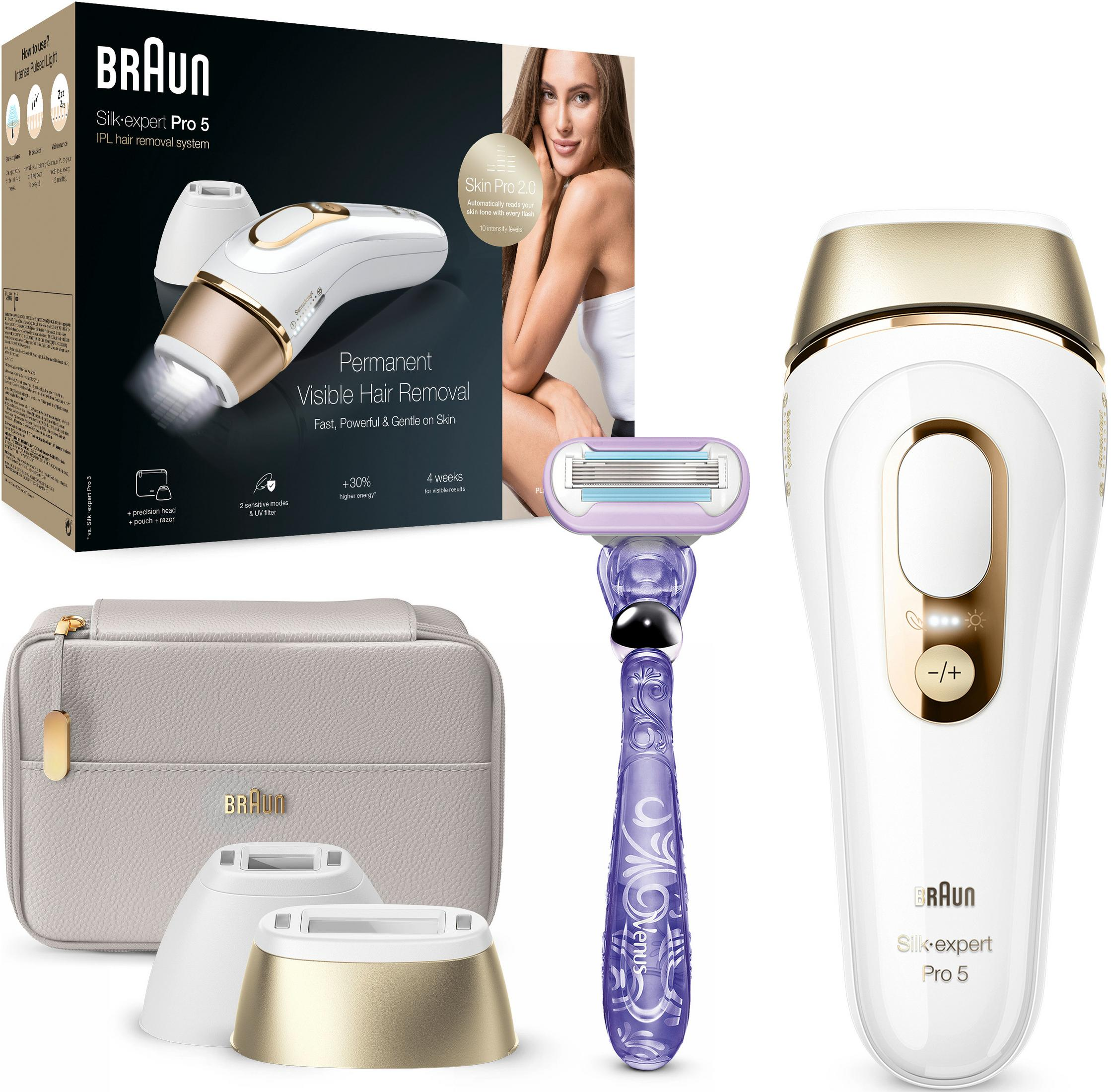 Dispositivo Braun IPL per epilazione con rasoio e pochette. Bianco, oro e viola.