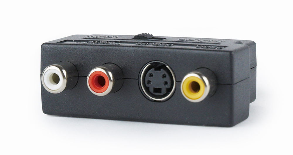 Schwarzer Adapter mit RCA- und S-Video-Anschlüssen, mit Schalter.