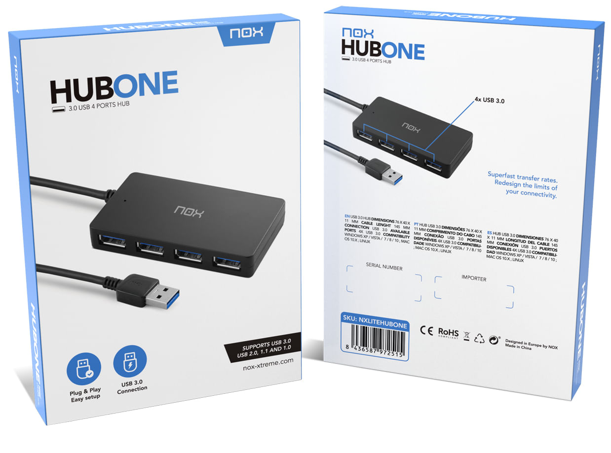 Hub USB 3.0 negro de 4 puertos con cable en embalaje de cartón blanco.