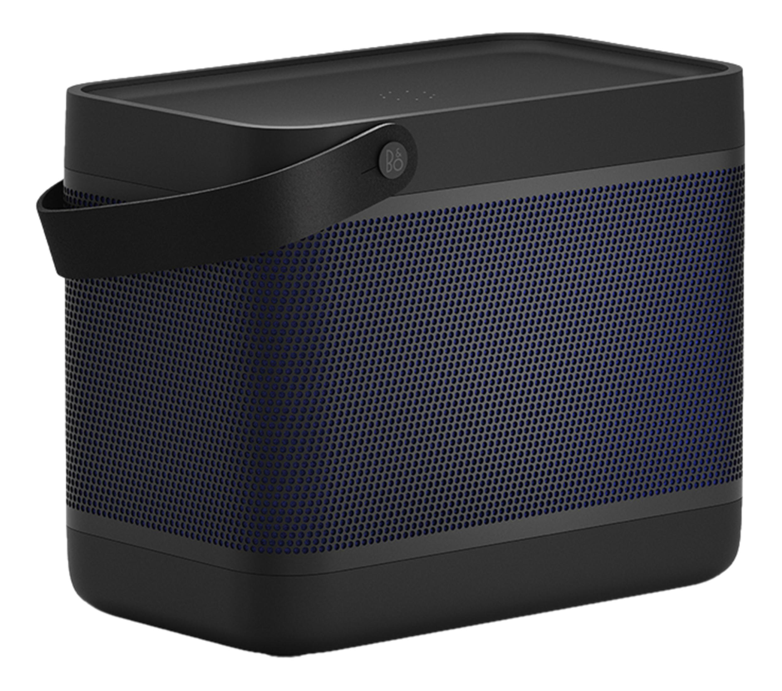Altoparlante portatile nero con griglia blu e manico in pelle.