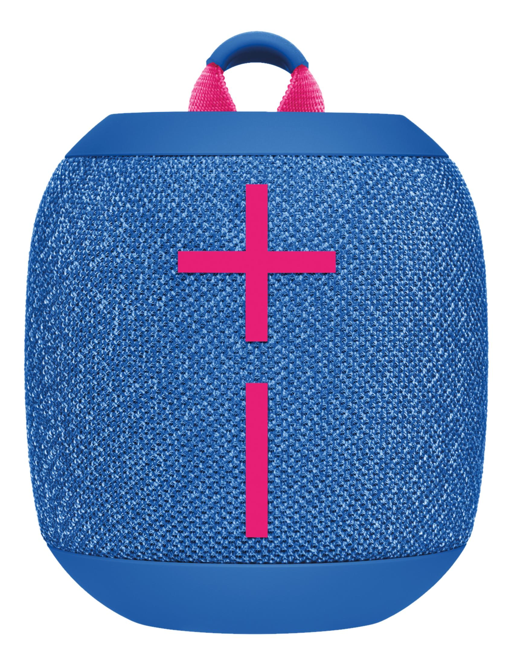 Altoparlante Bluetooth blu con accenti rosa e tracolla.