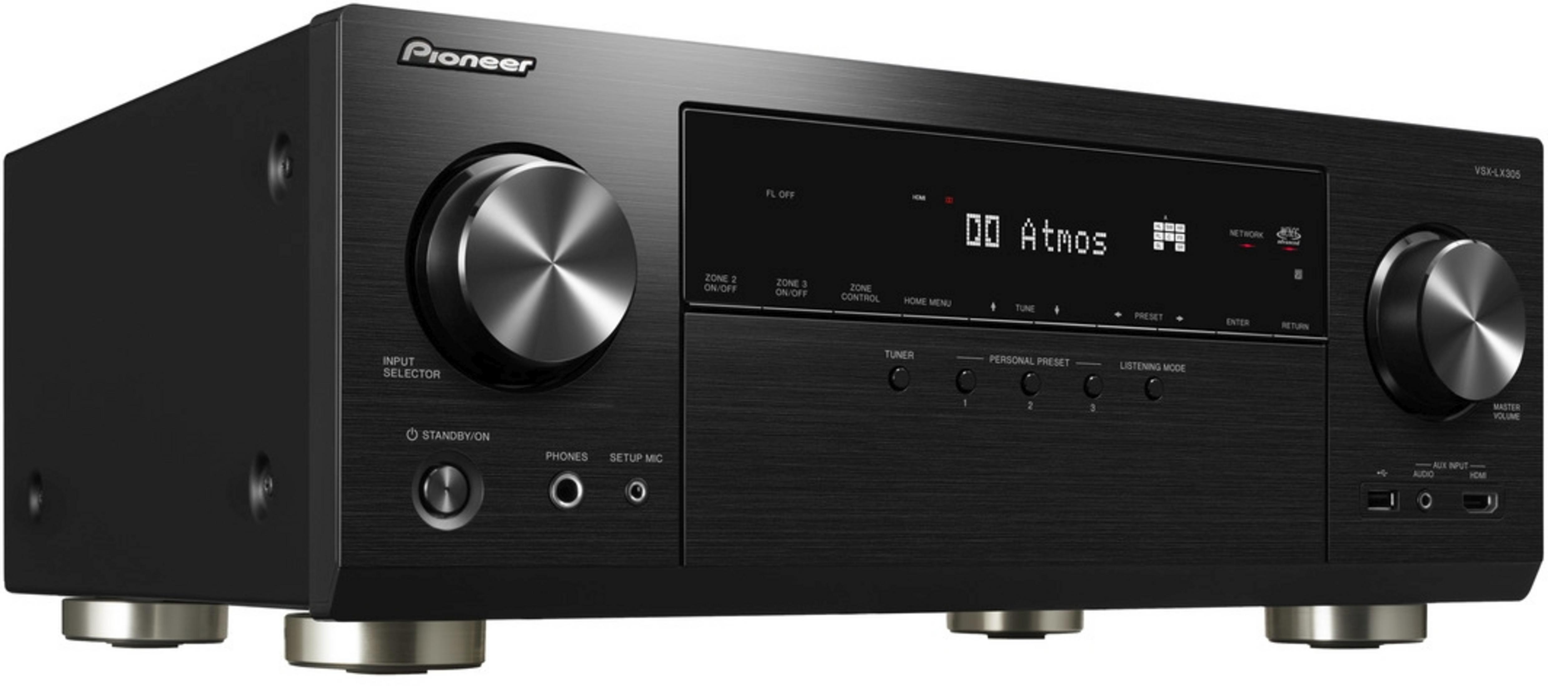 Schwarzer Pioneer AV-Receiver mit silbernen Knöpfen und Display.
