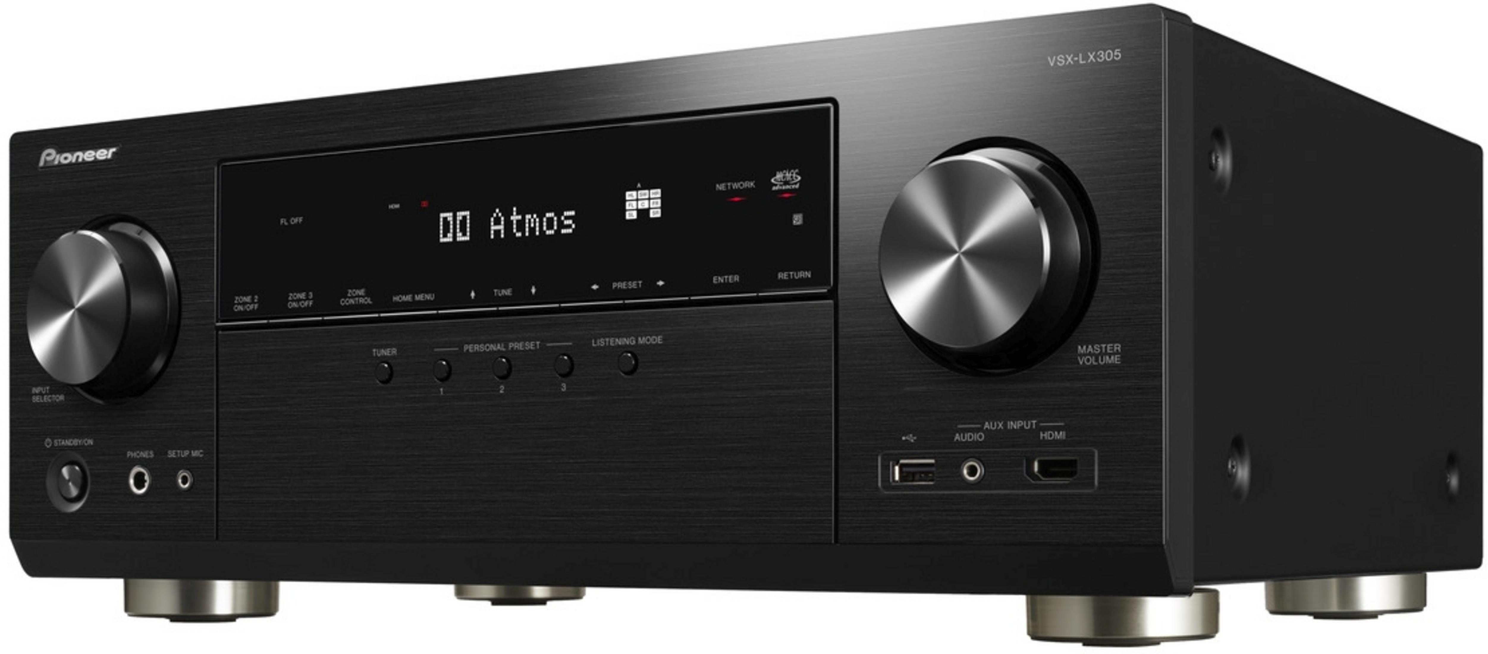 Schwarzer Pioneer AV-Receiver VSX-LX305 mit silbernen Drehreglern und Display.