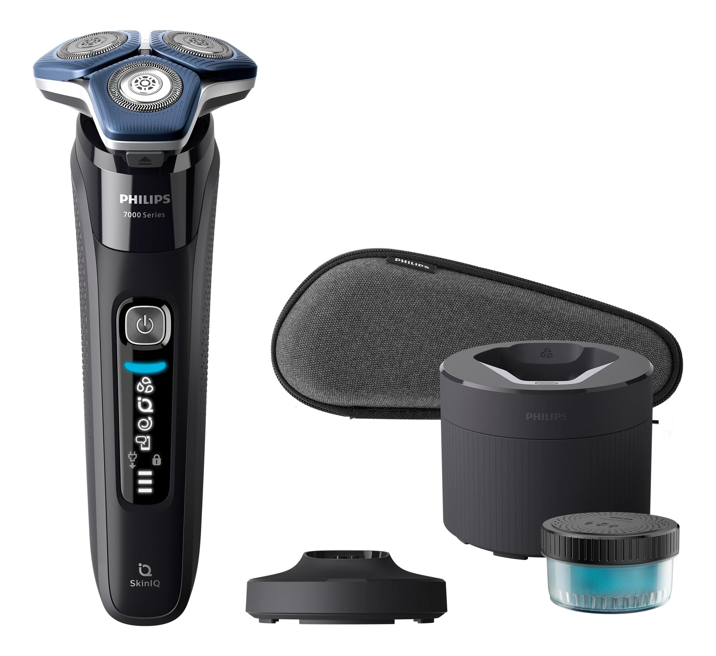 Una afeitadora Philips negra con tres cabezales de afeitado azules y accesorios.