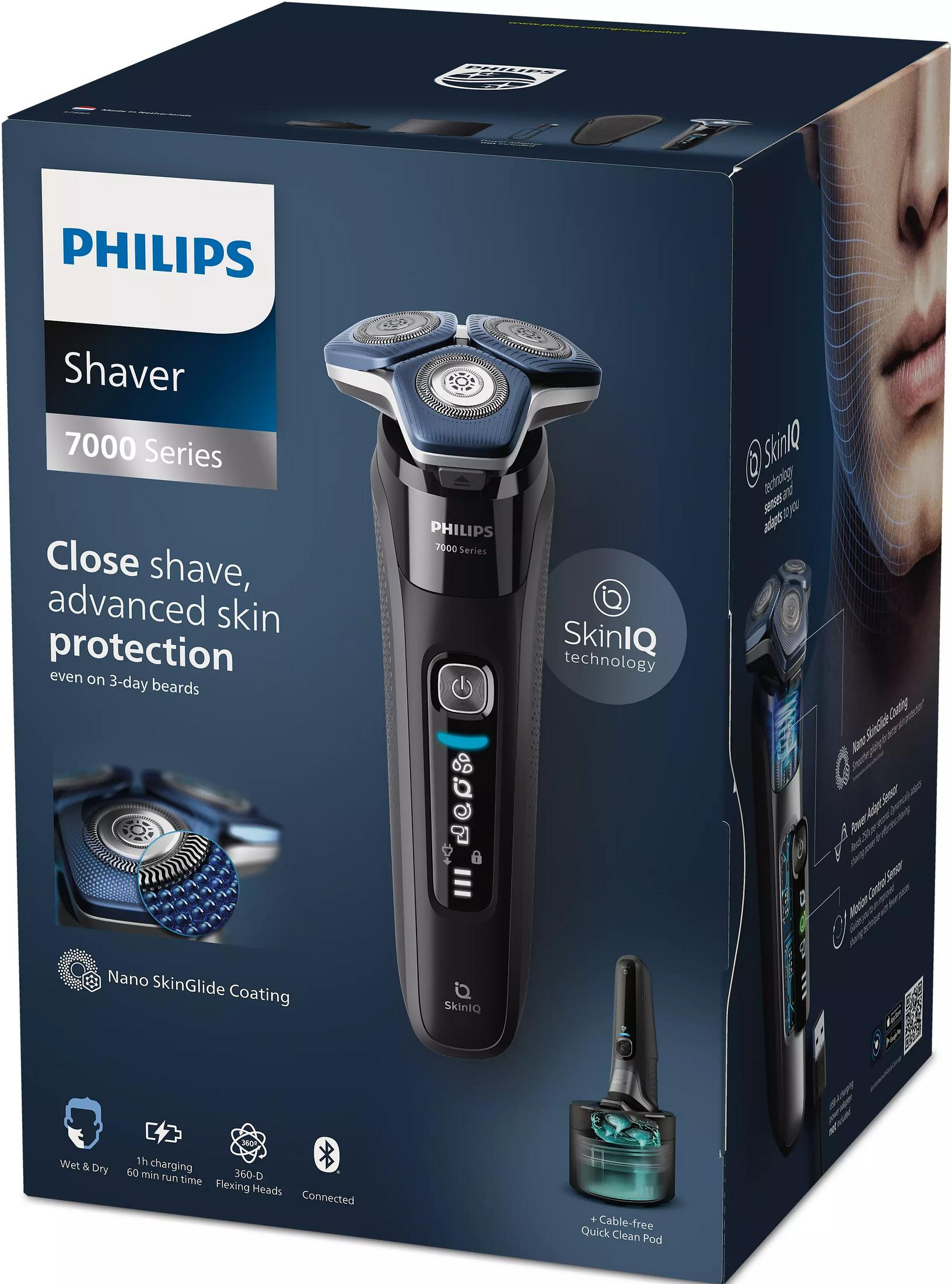 Embalaje de una afeitadora Philips Serie 7000 con tecnología SkinIQ.