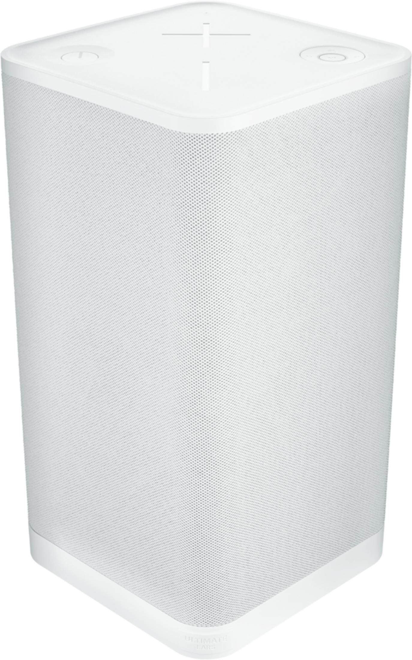 Biały przenośny głośnik UE MEGABOOM z perforowaną kratką i przyciskami na górze.