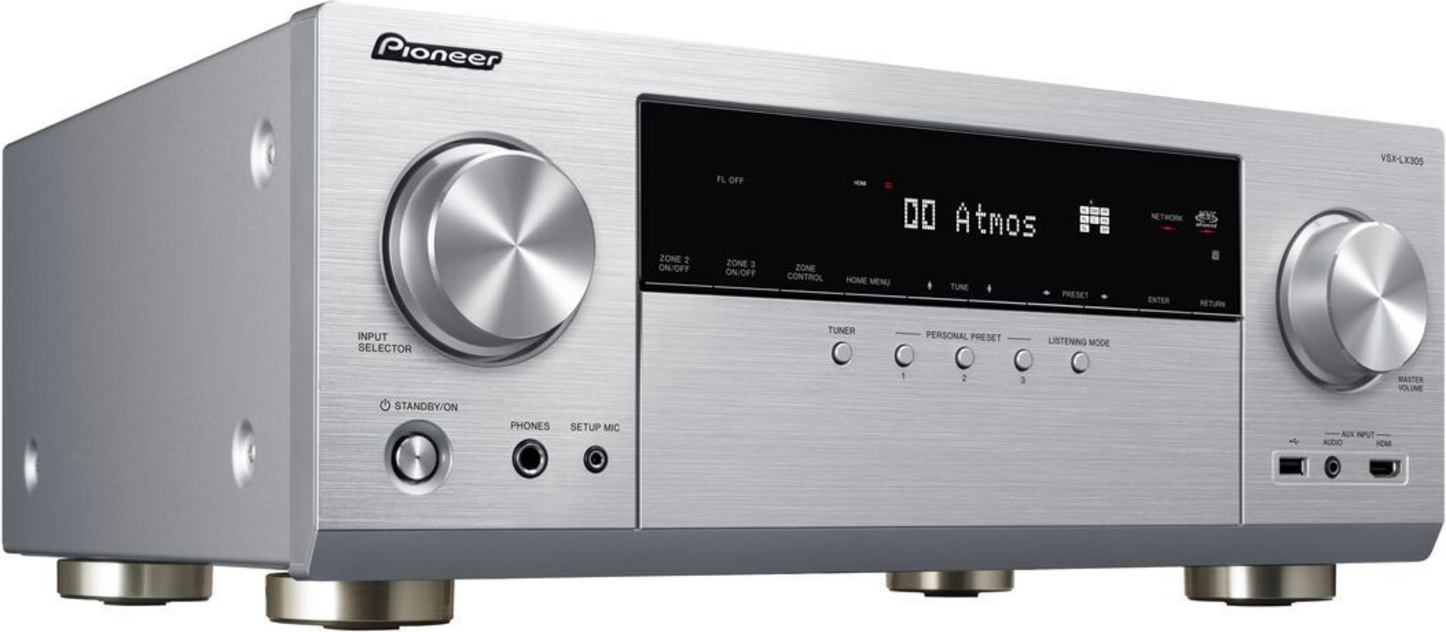 Silberner Pioneer AV-Receiver mit zwei Drehreglern, Display und Tasten. Er zeigt "DD Atmos" an.