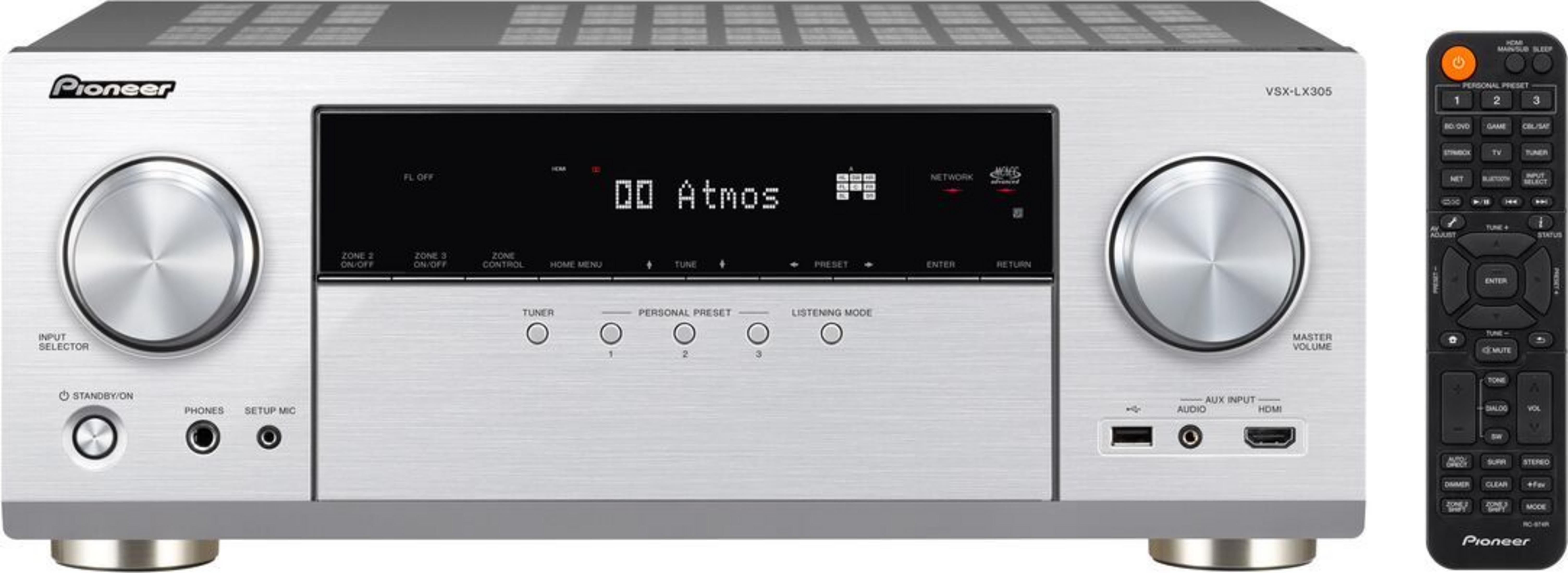 Silberner Pioneer AV-Receiver VSX-LX305 mit Fernbedienung und großem Display.